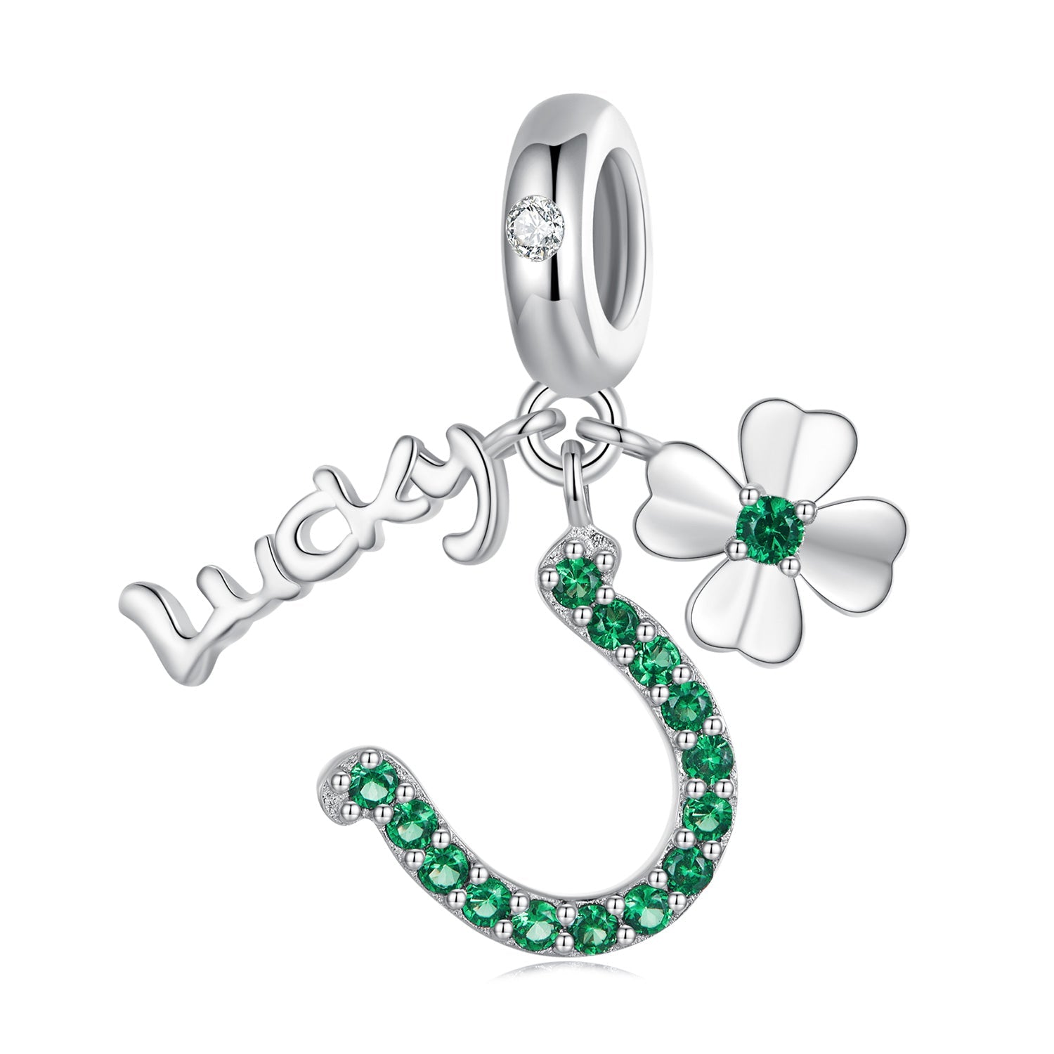 Silver Pendant Lucky Four Leaf Clover Horseshoe CZ Dangle Charm For Sale - sursenso Pendant