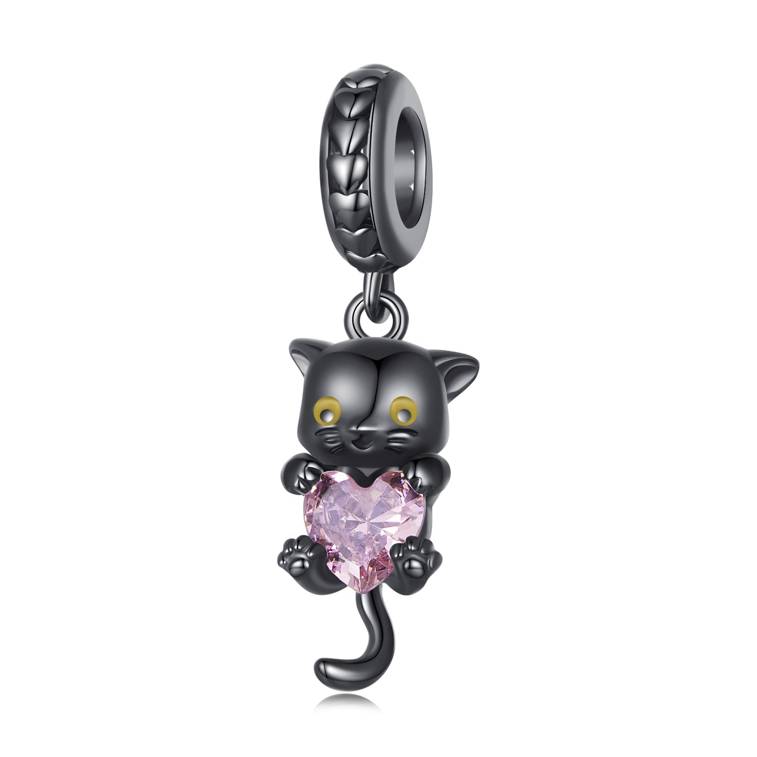 Silver Pendant Naughty Little Black Cat Pink CZ Dangle Charm For Sale - sursenso Pendant