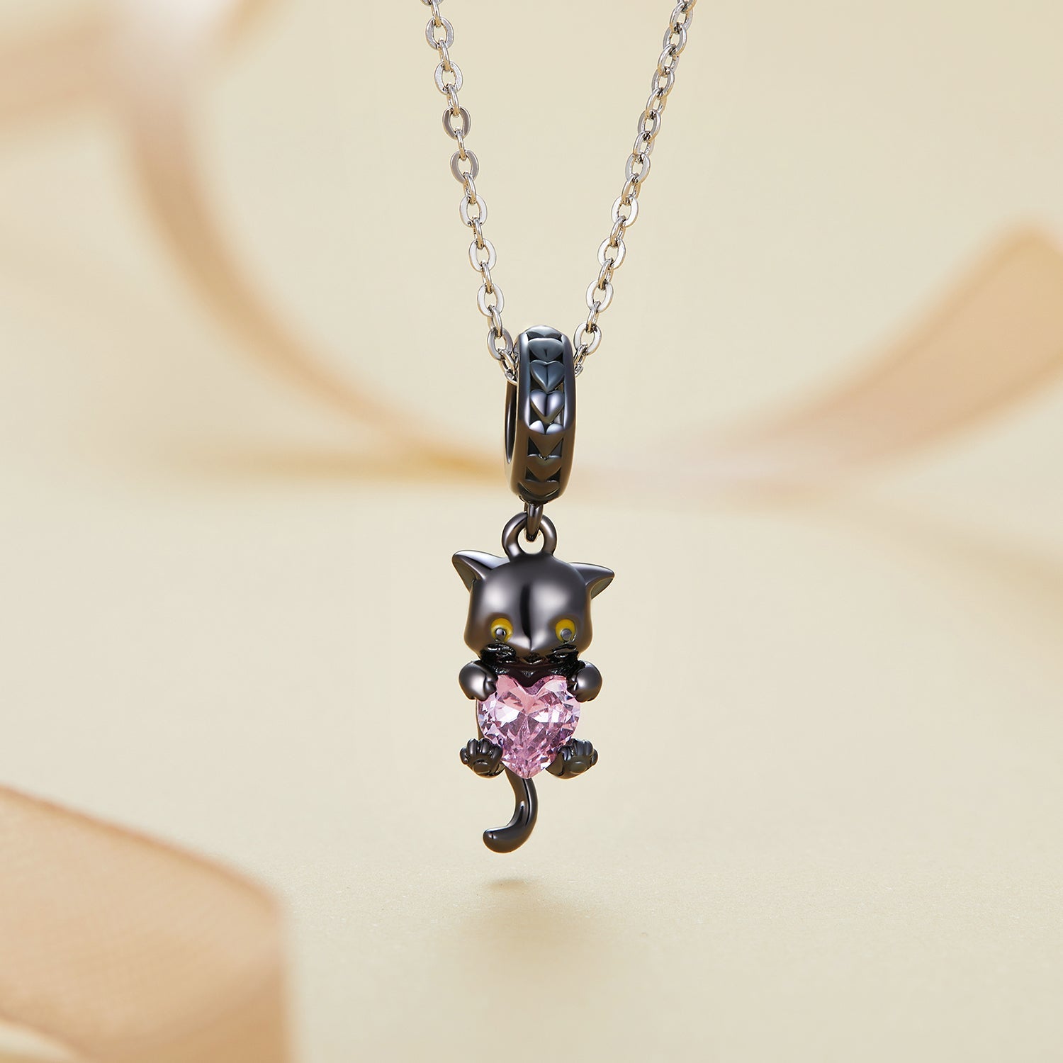 Silver Pendant Naughty Little Black Cat Pink CZ Dangle Charm For Sale - sursenso Pendant