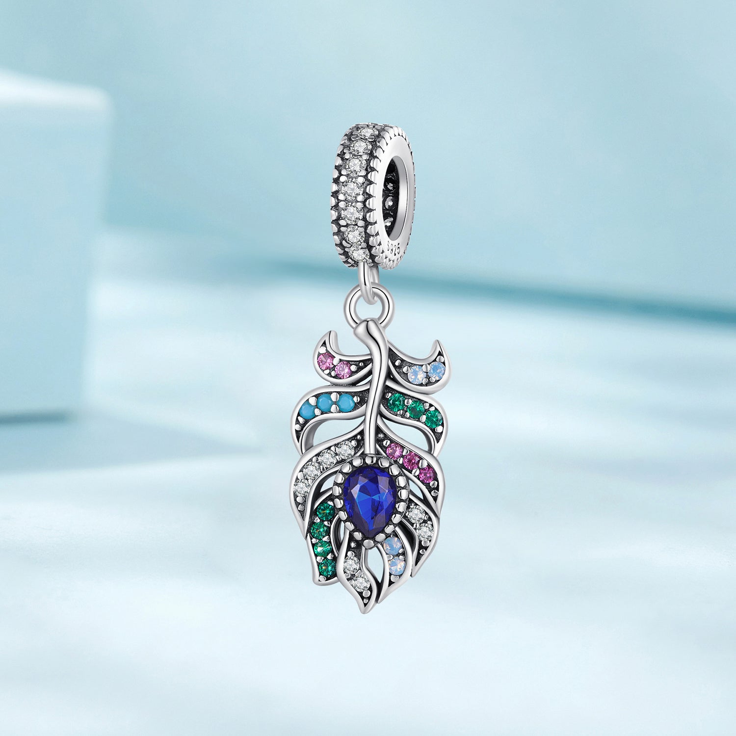 Silver Pendant Peacock Feather CZ Dangle Charm For Sale - sursenso Pendant