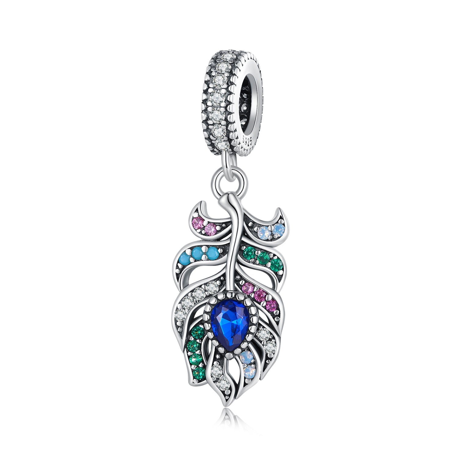 Sterling Silver Pendant Peacock Feather CZ Dangle Charm Pendant Fit Pandora alternative sursenso