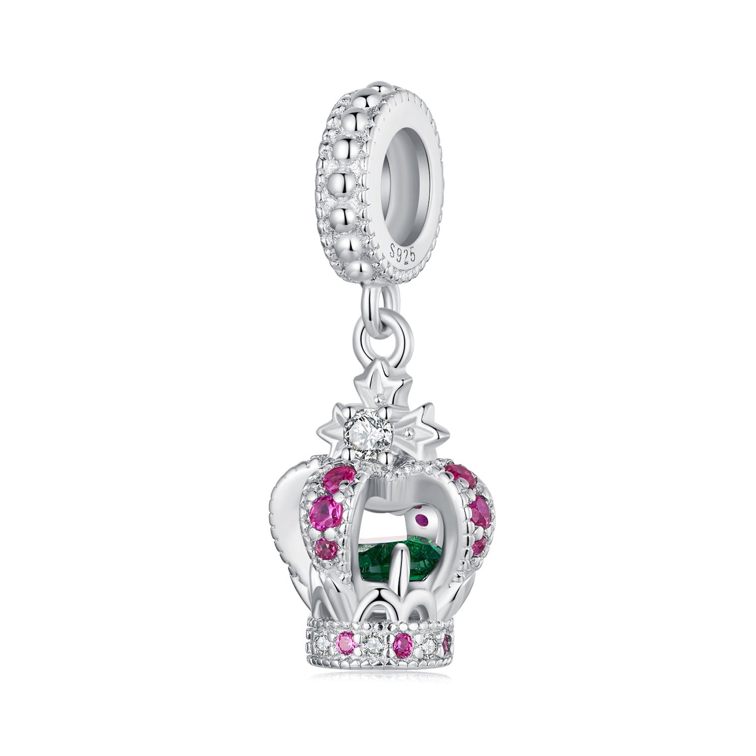Silver Pendant Pink Green Crown CZ Dangle Charm For Sale - sursenso Pendant