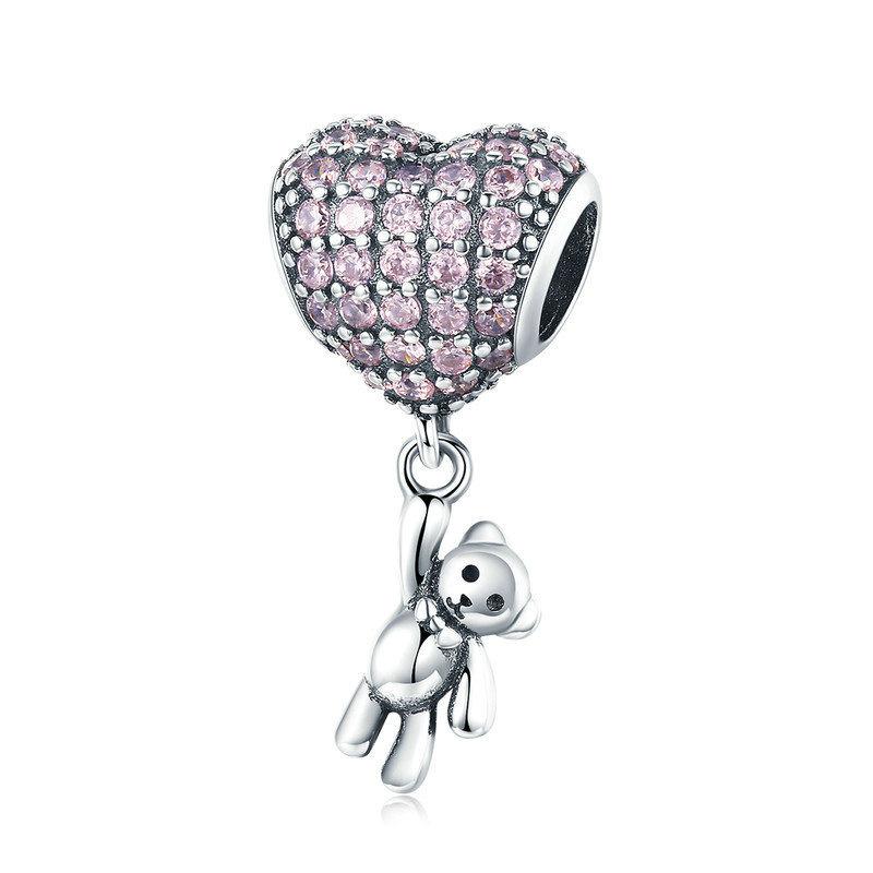 Silver Pendant Pink Heart Bear CZ Dangle Charm For Sale - sursenso Pendant
