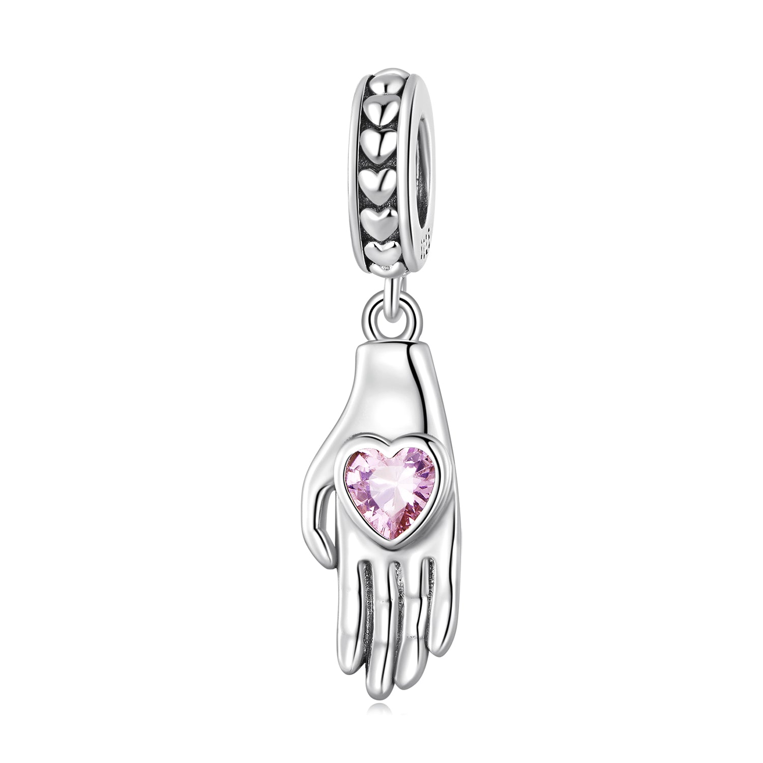 Silver Pendant Pink Heart Inlaid Palm CZ Dangle Charm For Sale - sursenso Pendant