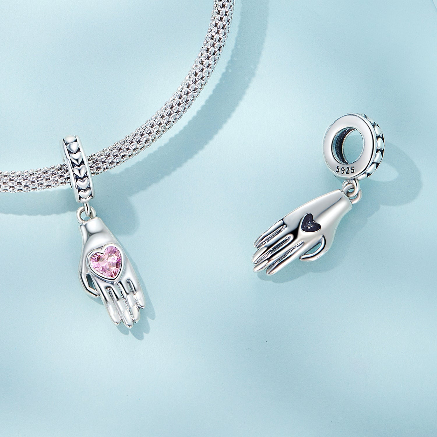 Silver Pendant Pink Heart Inlaid Palm CZ Dangle Charm For Sale - sursenso Pendant