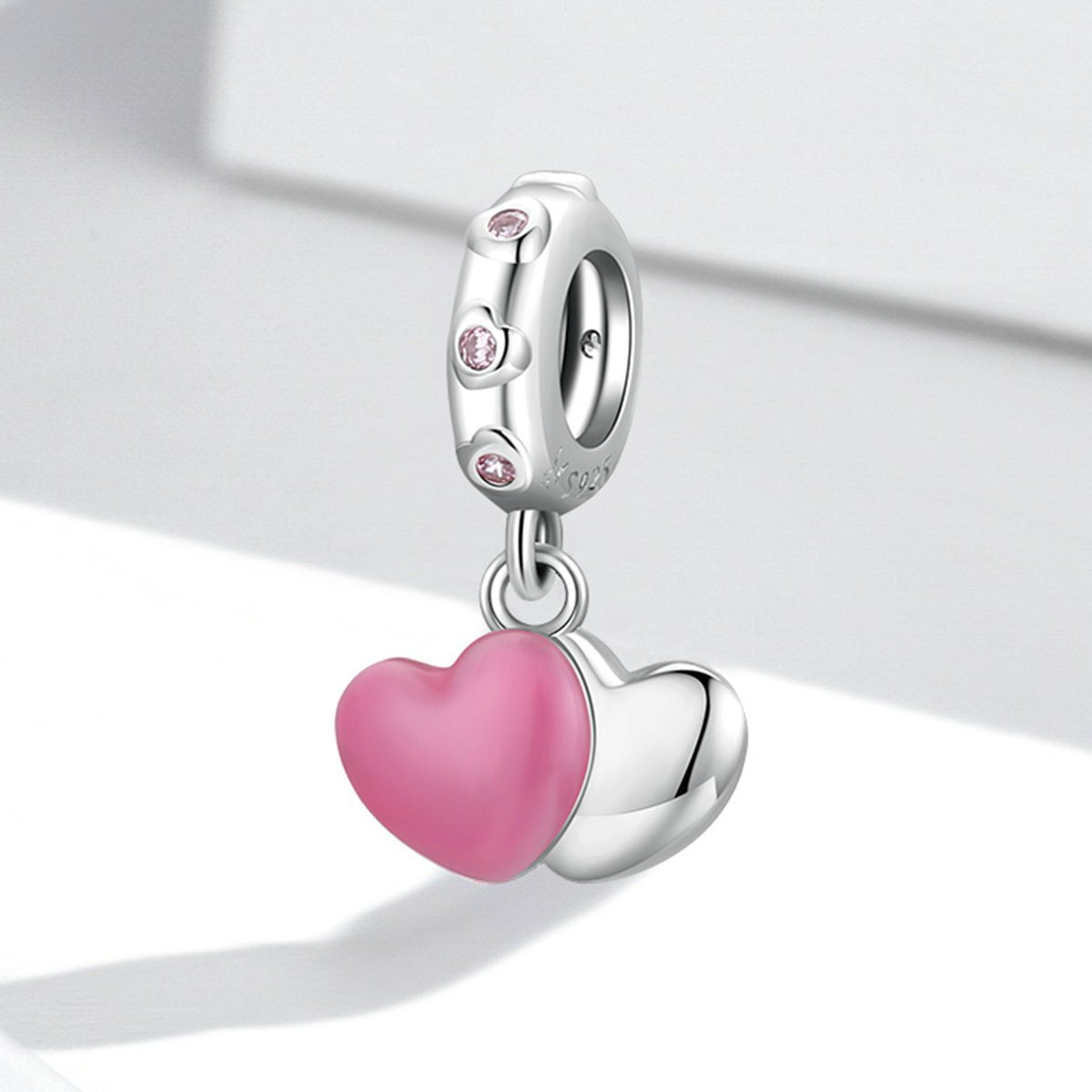 Silver Pendant Pink & Silver Double Love CZ Dangle Charm For Sale - sursenso Pendant