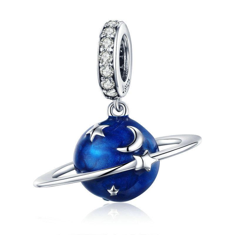 Silver Pendant Planet Moon Star Blue Enamel CZ Dangle Charm For Sale - sursenso Pendant