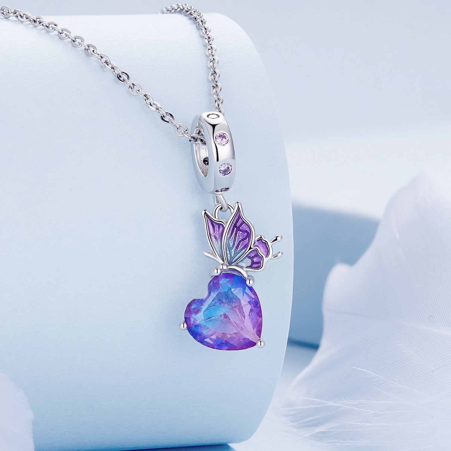 Silver Pendant Purple Butterfly Holds The Heart CZ Dangle Charm For Sale - sursenso Pendant