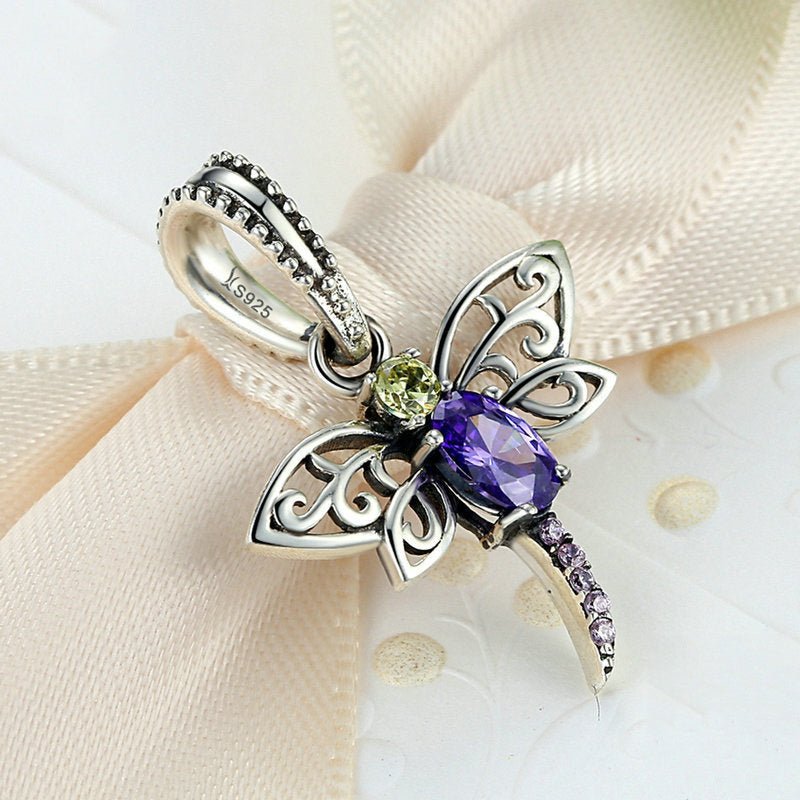 Silver Pendant Purple Dragonfly Insects CZ Dangle Charm For Sale - sursenso Pendant
