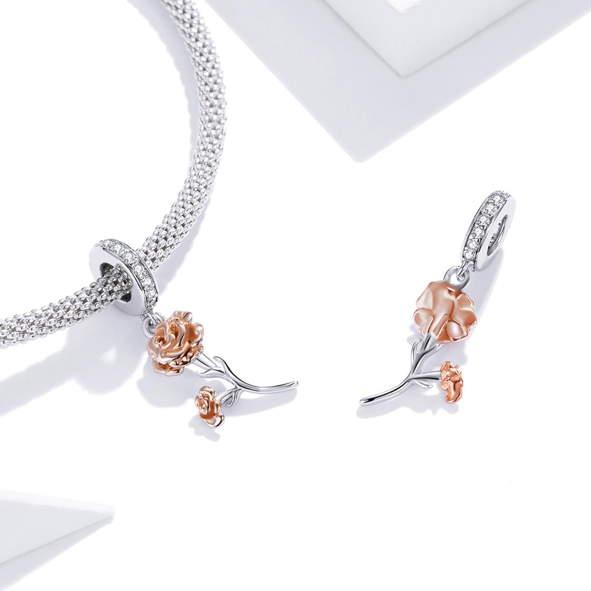 Silver Pendant Rose Gold Rose CZ Dangle Charm For Sale - sursenso Pendant