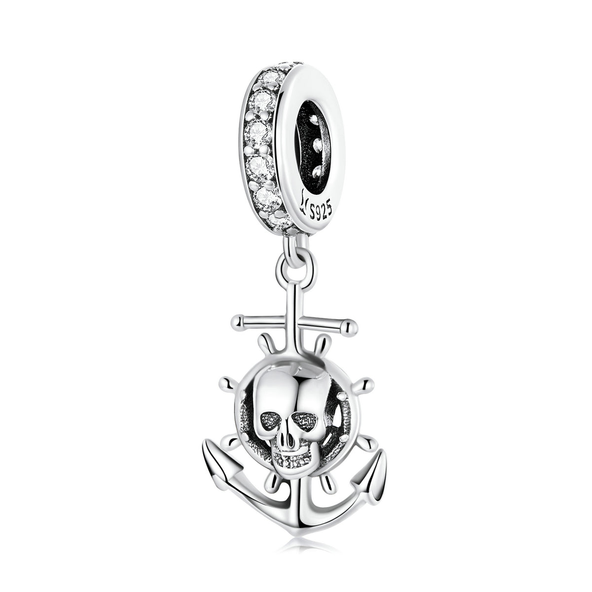 Silver Pendant Travel Round the World Skull Pirate Ship CZ Dangle Charm For Sale - sursenso Pendant