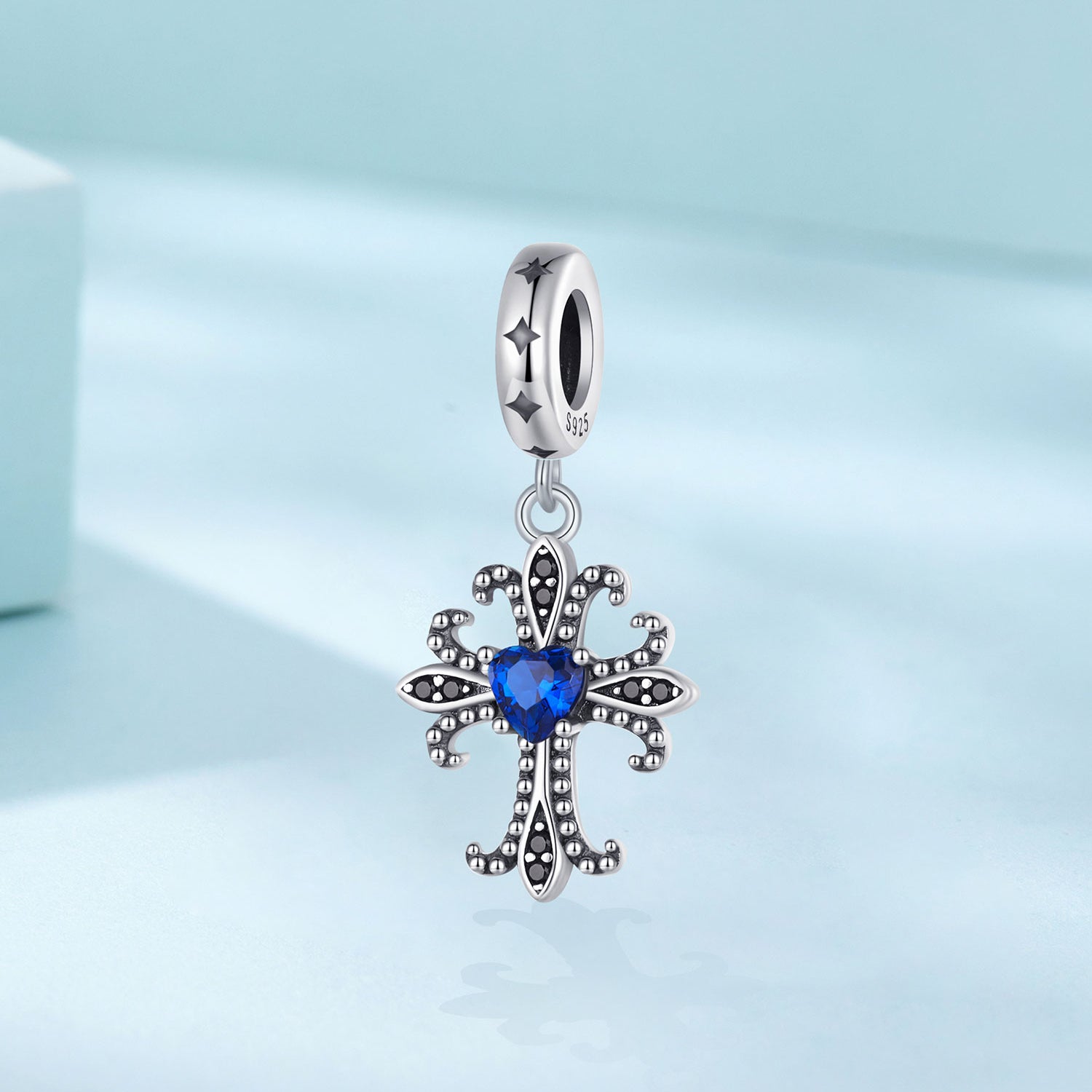 Silver Pendant Vintage Cross Blue CZ Dangle Charm For Sale - sursenso Pendant