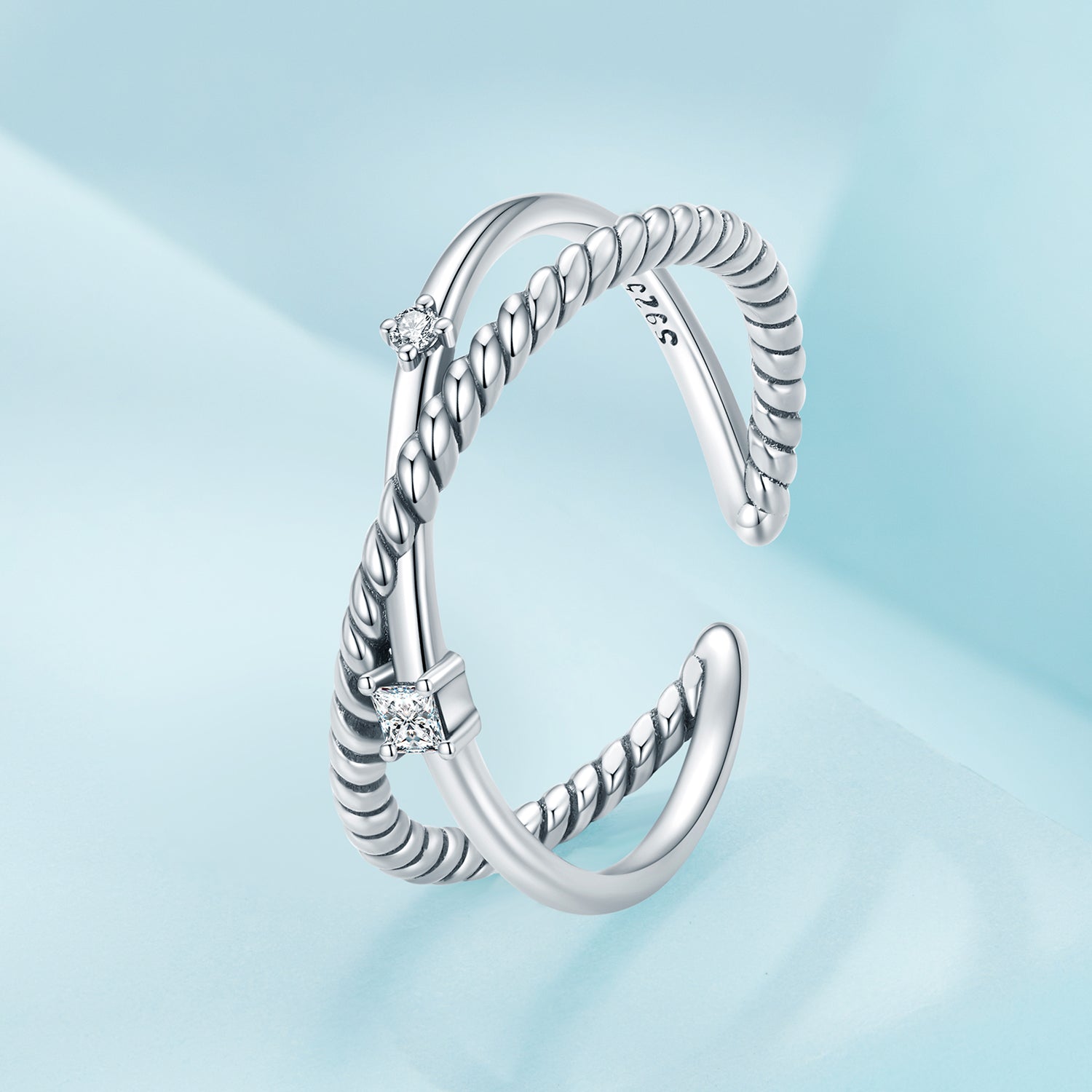 Silver Ring Alternating Lines CZ Open Ring For Sale - sursenso Open Rings