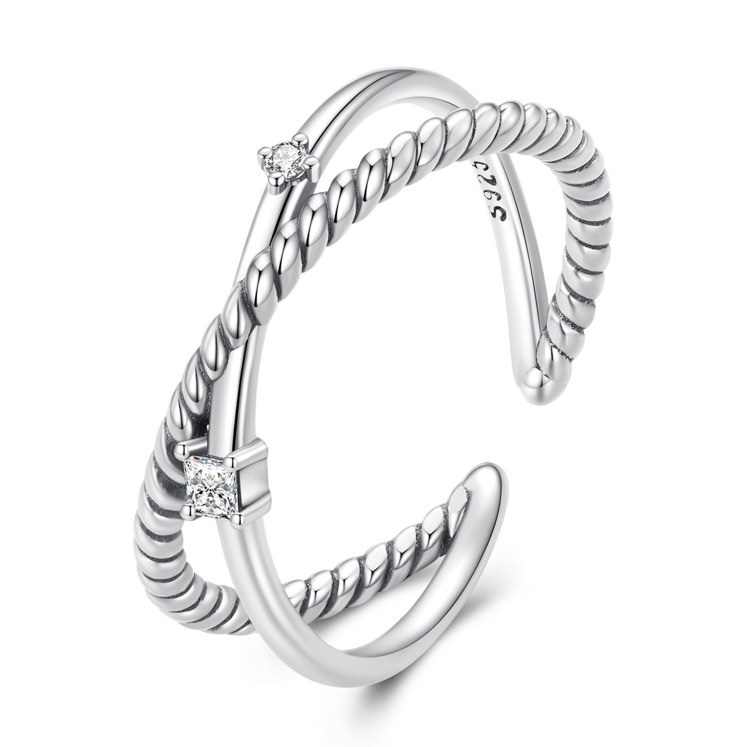 Silver Ring Alternating Lines CZ Open Ring For Sale - sursenso Open Rings