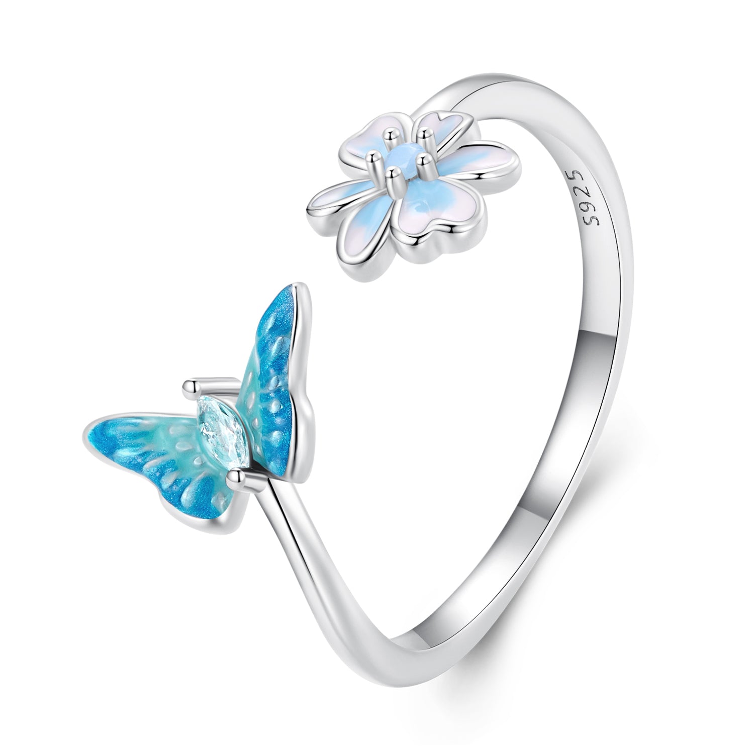 Silver Ring Blue Flowers Butterflies Open Ring For Sale - sursenso Open Rings