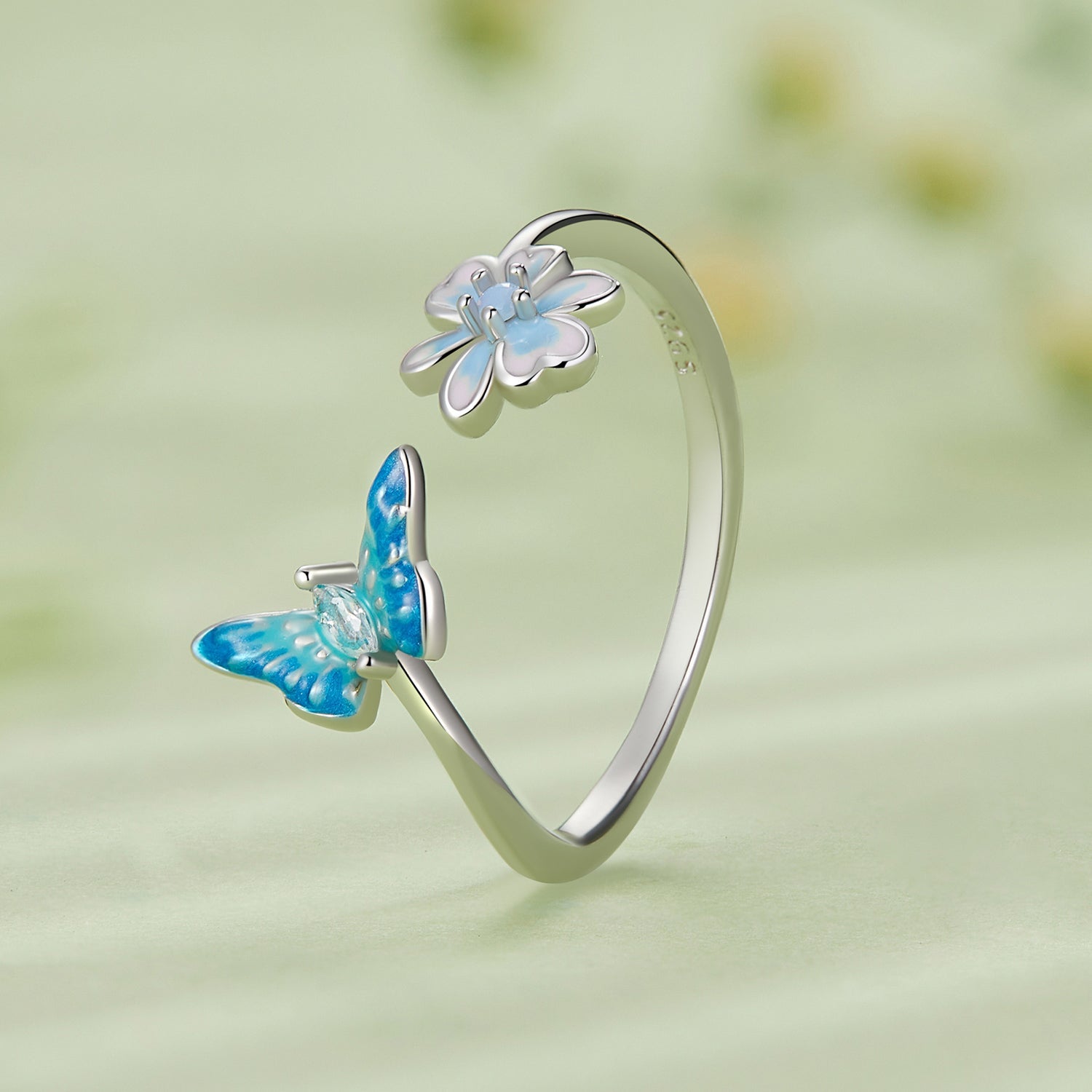 Silver Ring Blue Flowers Butterflies Open Ring For Sale - sursenso Open Rings