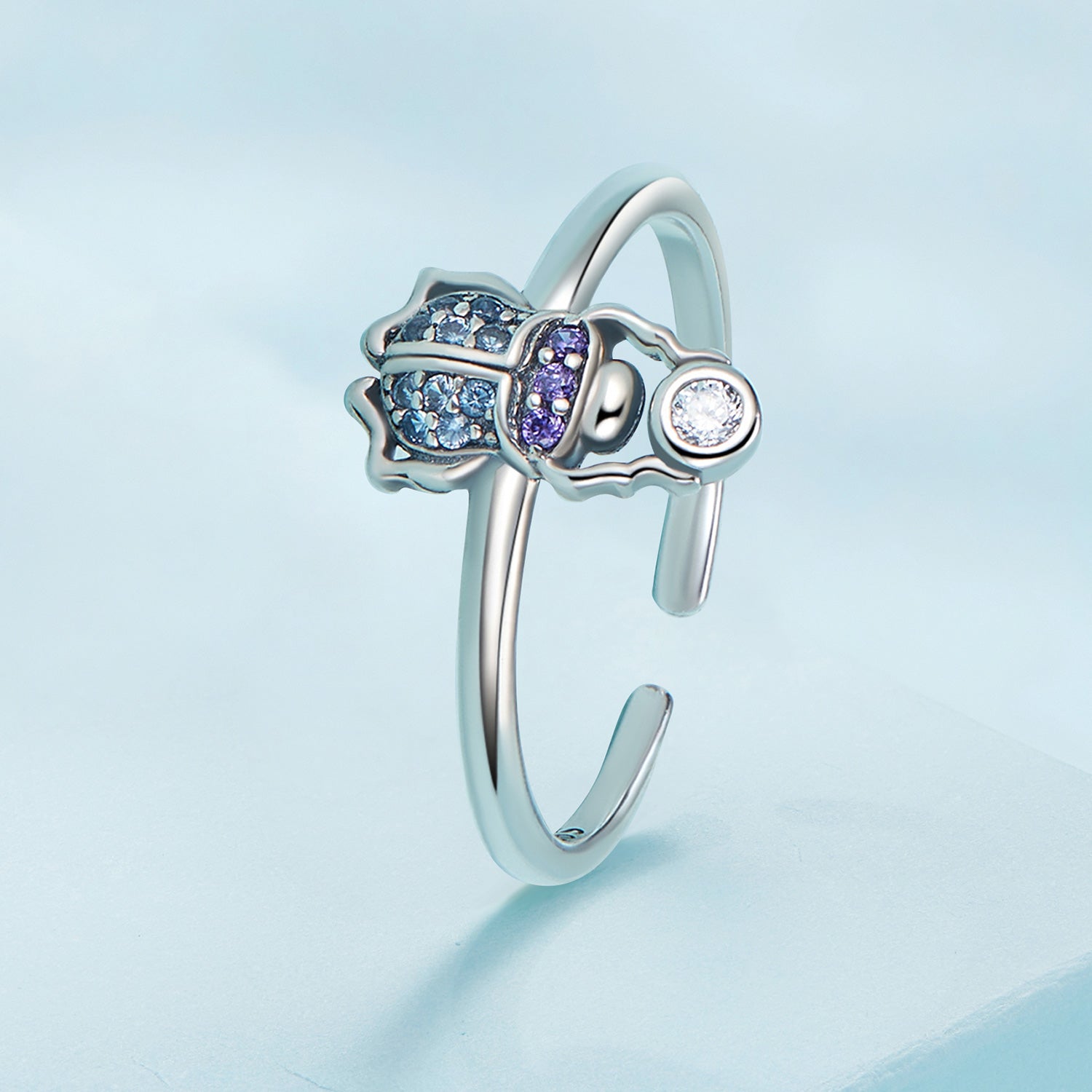 Silver Ring Blue Scarab CZ Open Ring For Sale - sursenso Open Rings