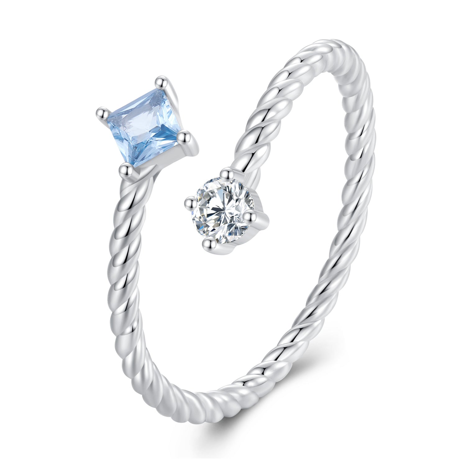 Silver Ring Blue Square Twist CZ Open Ring For Sale - sursenso Open Rings