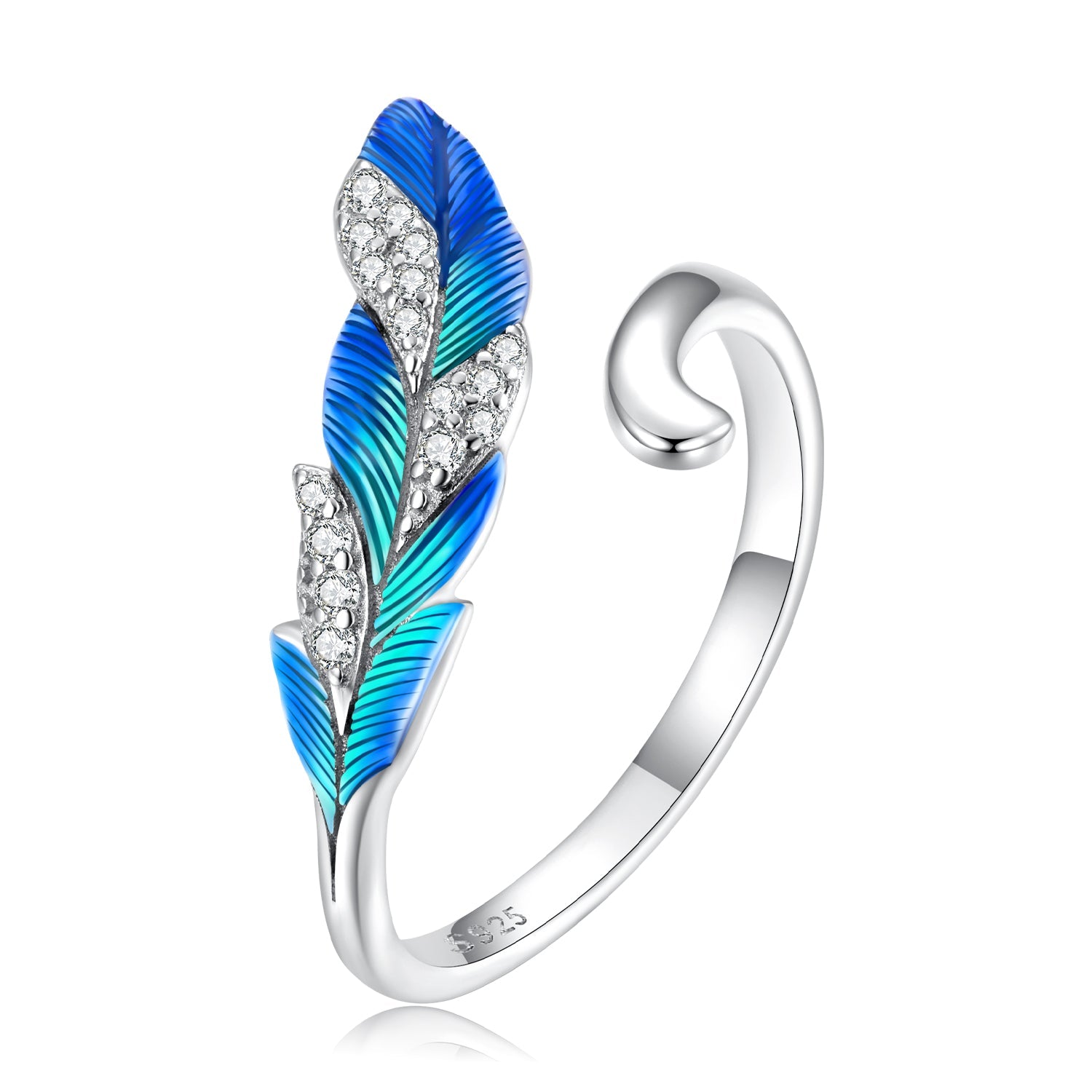 Silver Ring Brilliant Blue Feathers CZ Open Ring For Sale - sursenso Open Rings