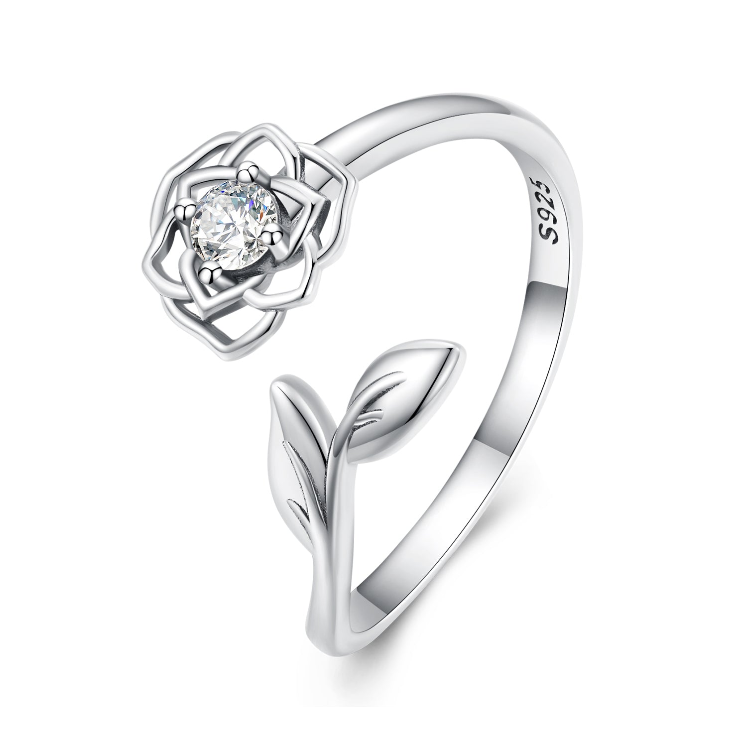 Silver Ring Camellia Flower CZ Open Ring For Sale - sursenso Open Rings