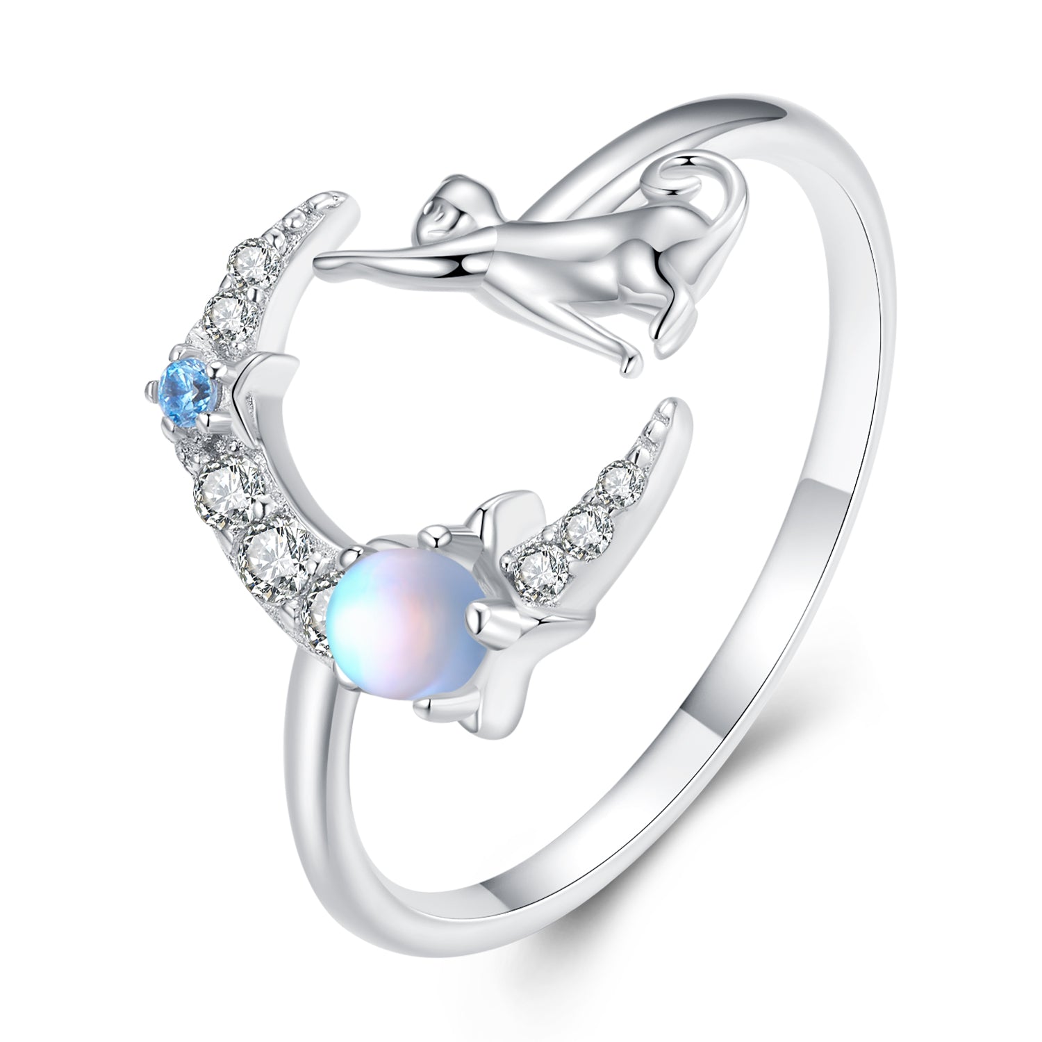 Silver Ring Cat Touched Moon CZ Open Ring For Sale - sursenso Open Rings