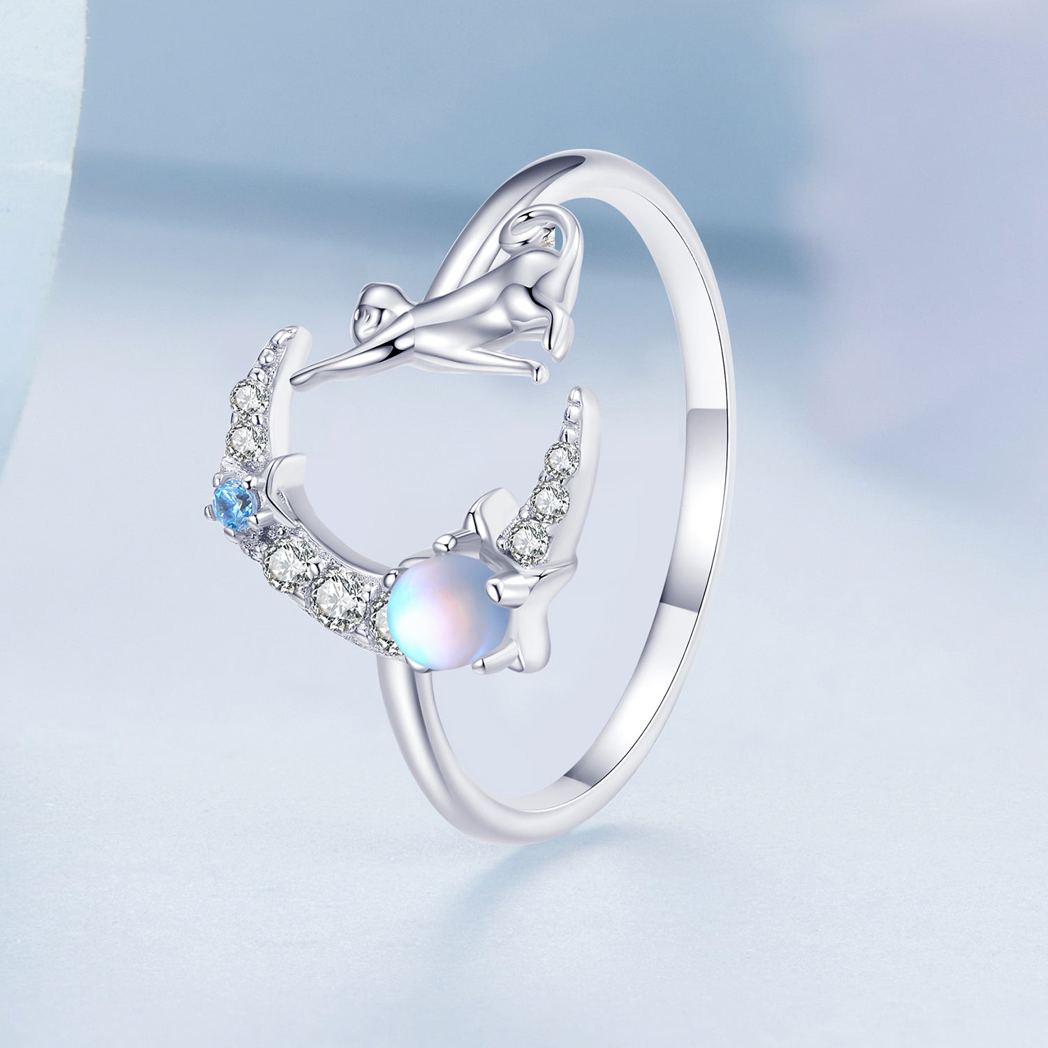 Silver Ring Cat Touched Moon CZ Open Ring For Sale - sursenso Open Rings