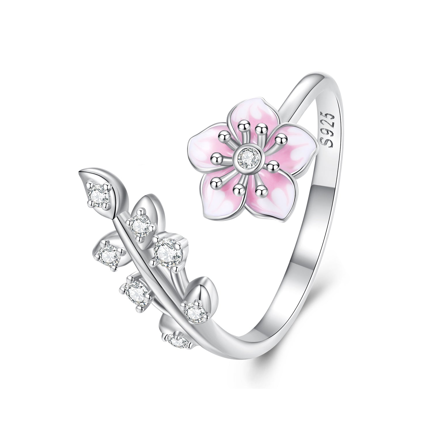 Silver Ring Cherry Blossom CZ Open Ring For Sale - sursenso Open Rings