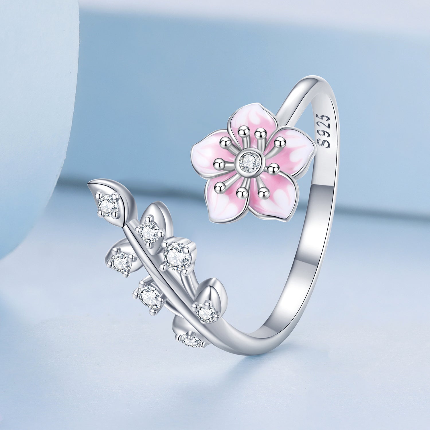 Silver Ring Cherry Blossom CZ Open Ring For Sale - sursenso Open Rings