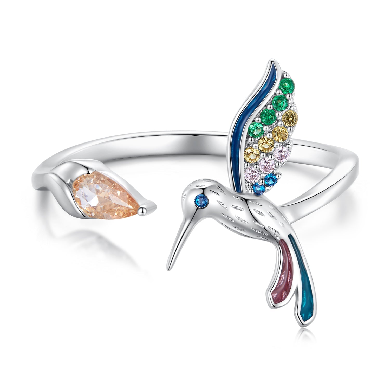 Silver Ring Clever Hummingbird CZ Open Ring For Sale - sursenso Open Rings