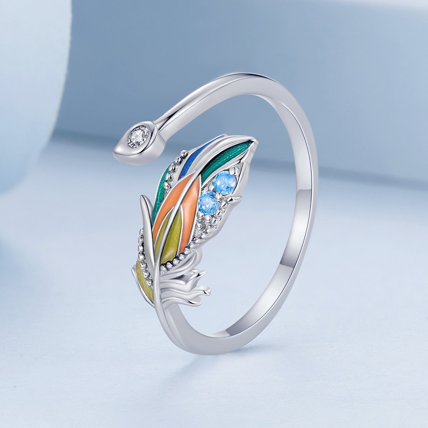 Silver Ring Colorful Feather CZ Open Ring For Sale - sursenso Open Rings