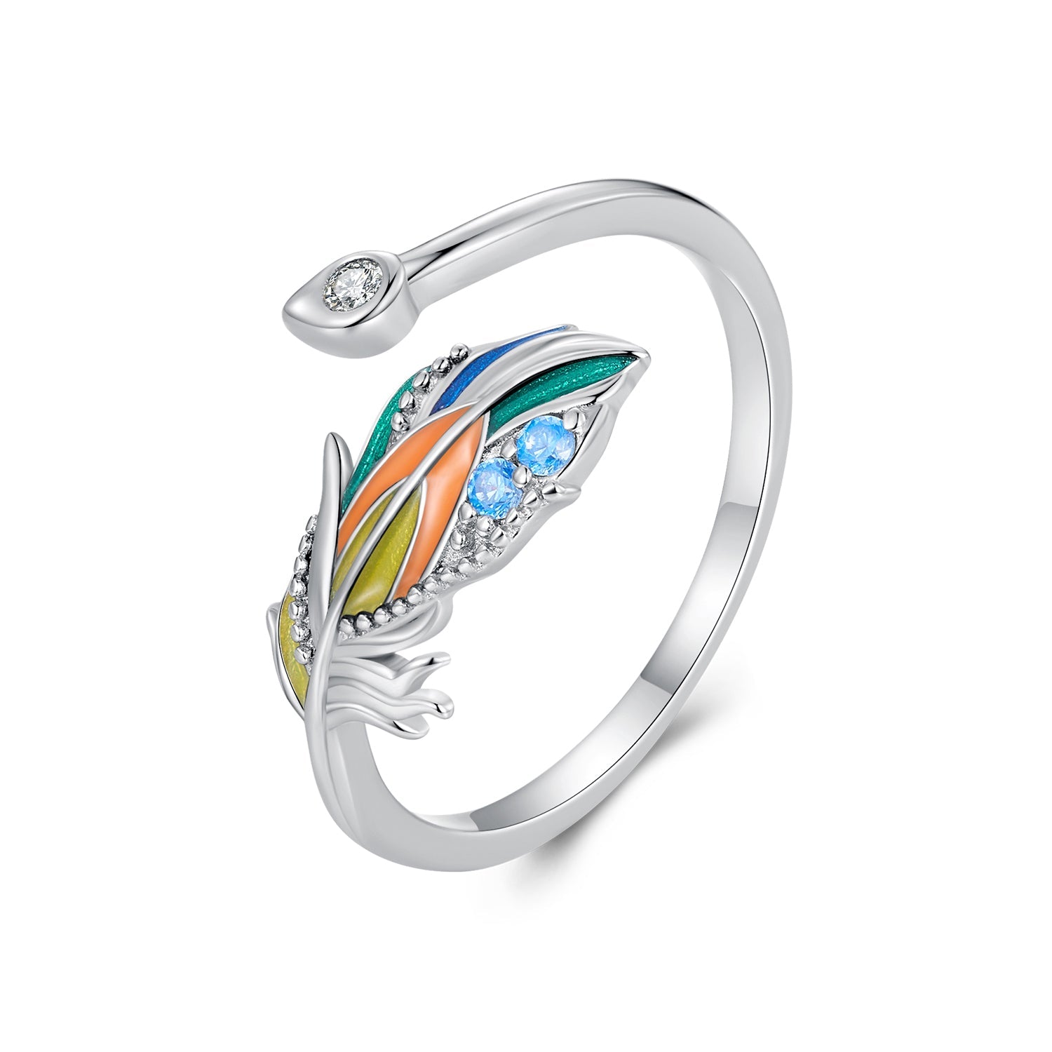 Silver Ring Colorful Feather CZ Open Ring For Sale - sursenso Open Rings