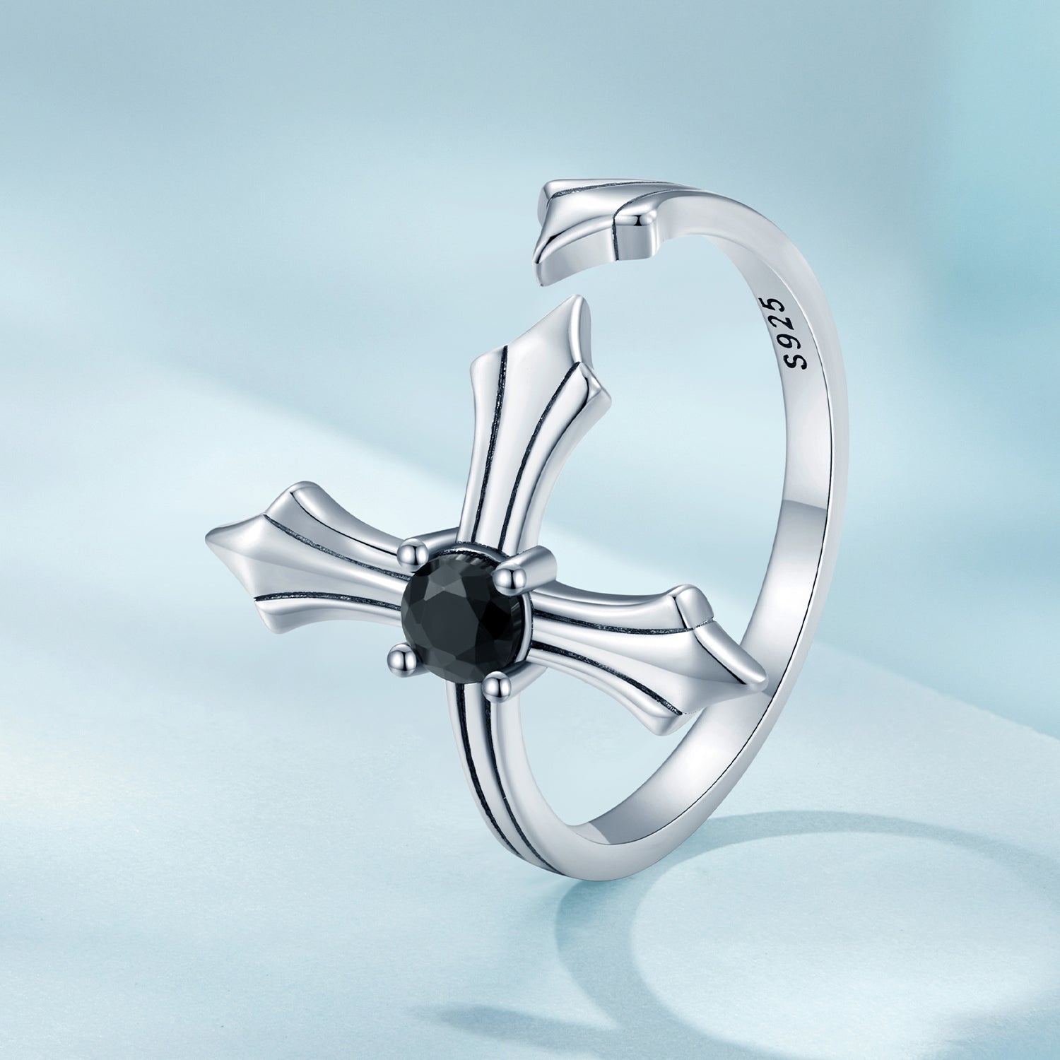 Silver Ring Cross Black CZ Open Ring For Sale - sursenso Open Rings
