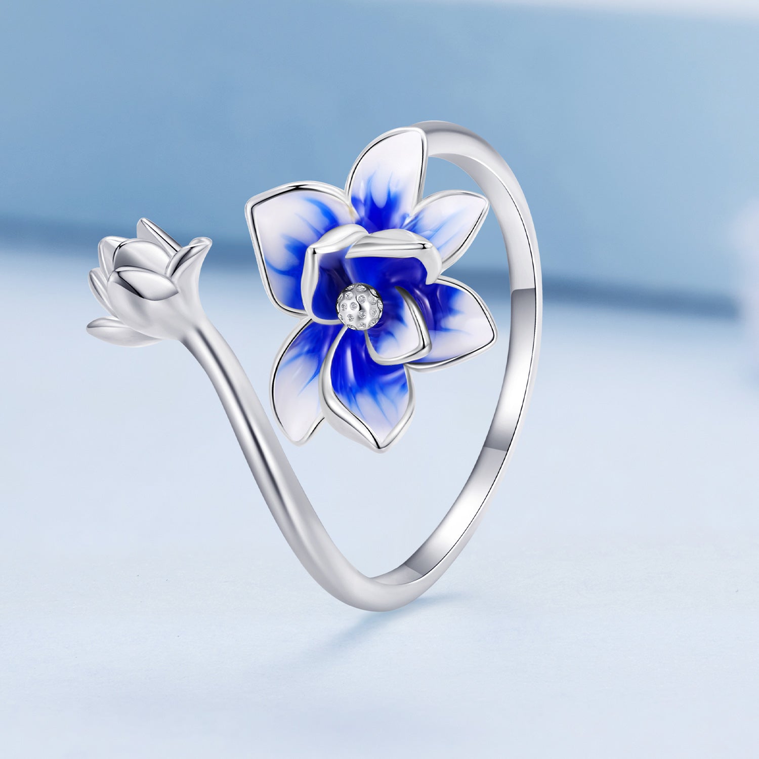 Silver Ring Deep Blue Lotus Open Ring For Sale - sursenso Open Rings