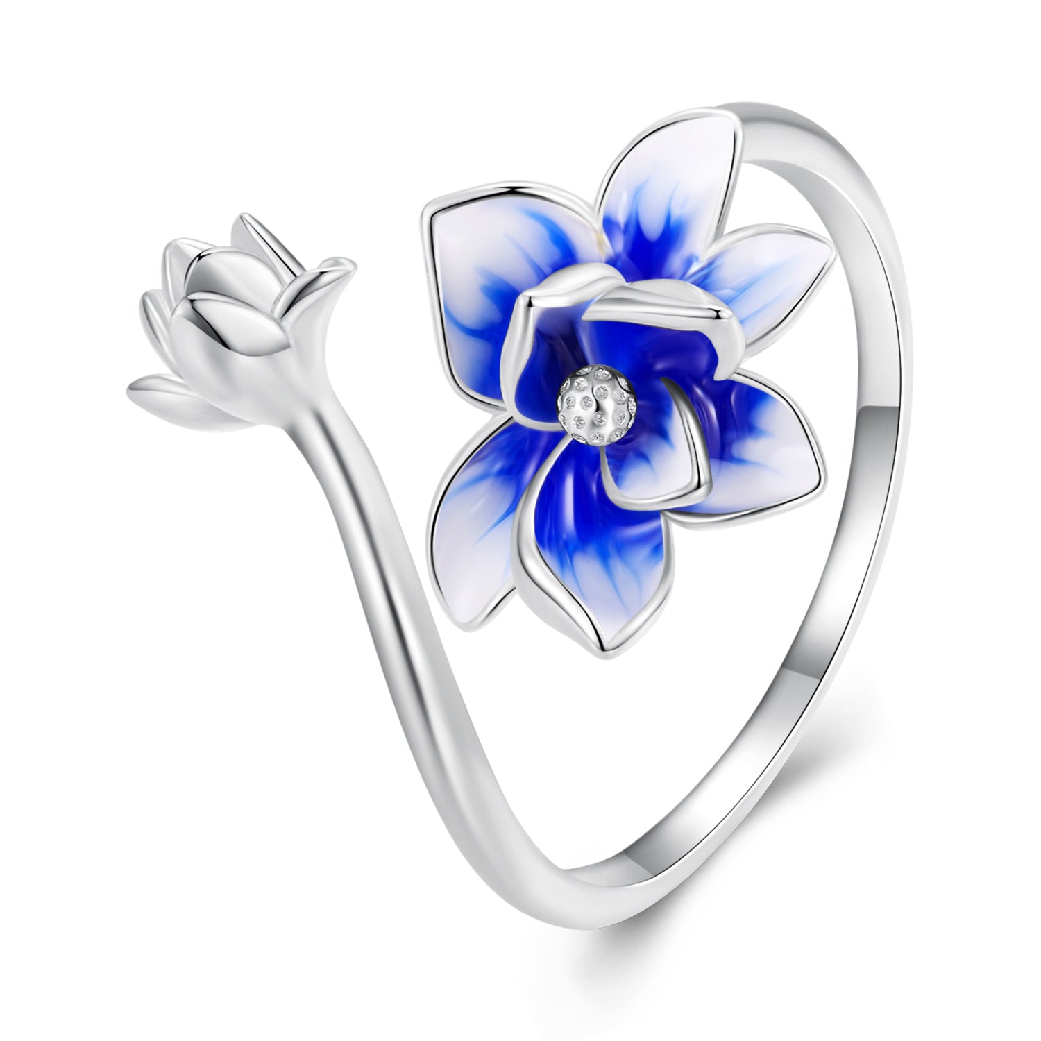 Silver Ring Deep Blue Lotus Open Ring For Sale - sursenso Open Rings