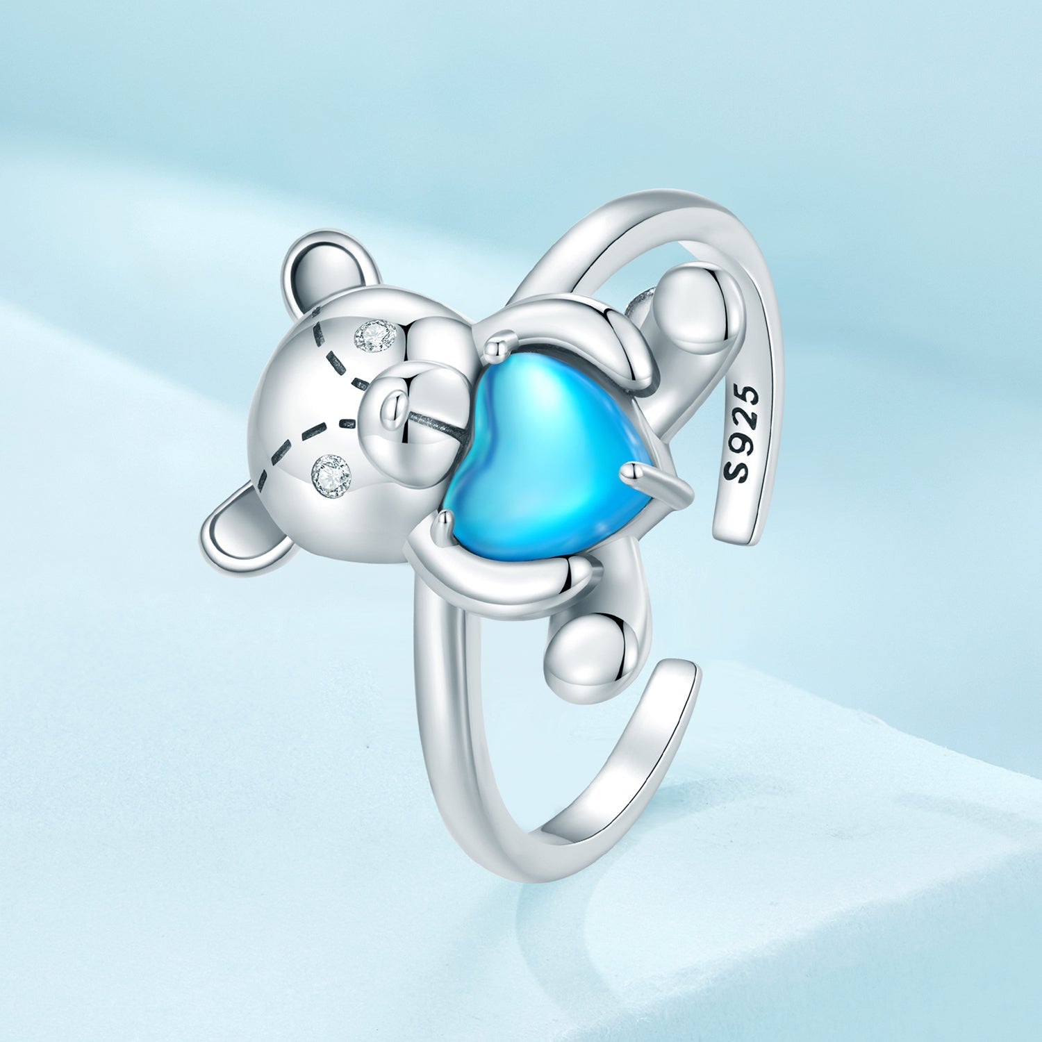 Silver Ring Hugging Bear Blue Heart CZ Open Ring For Sale - sursenso Open Rings