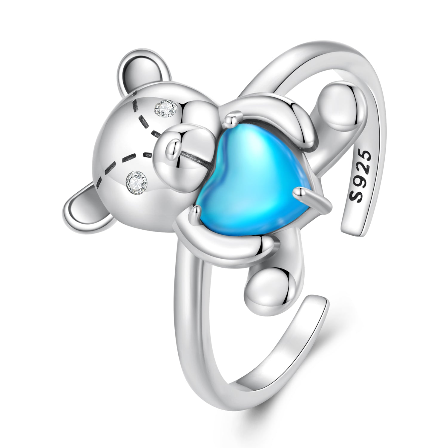 Silver Ring Hugging Bear Blue Heart CZ Open Ring For Sale - sursenso Open Rings
