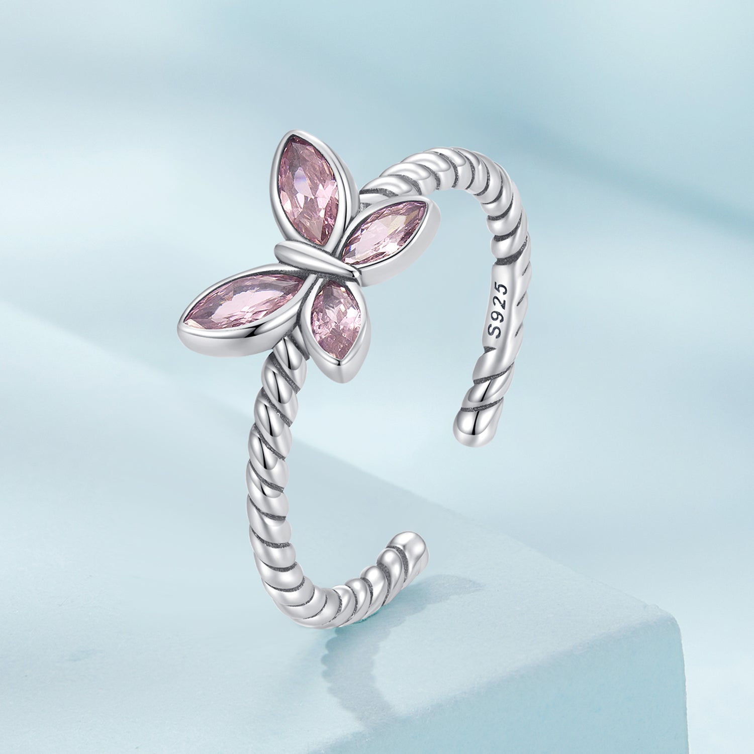 Silver Ring Pink Butterfly Twist CZ Open Ring For Sale - sursenso Open Rings