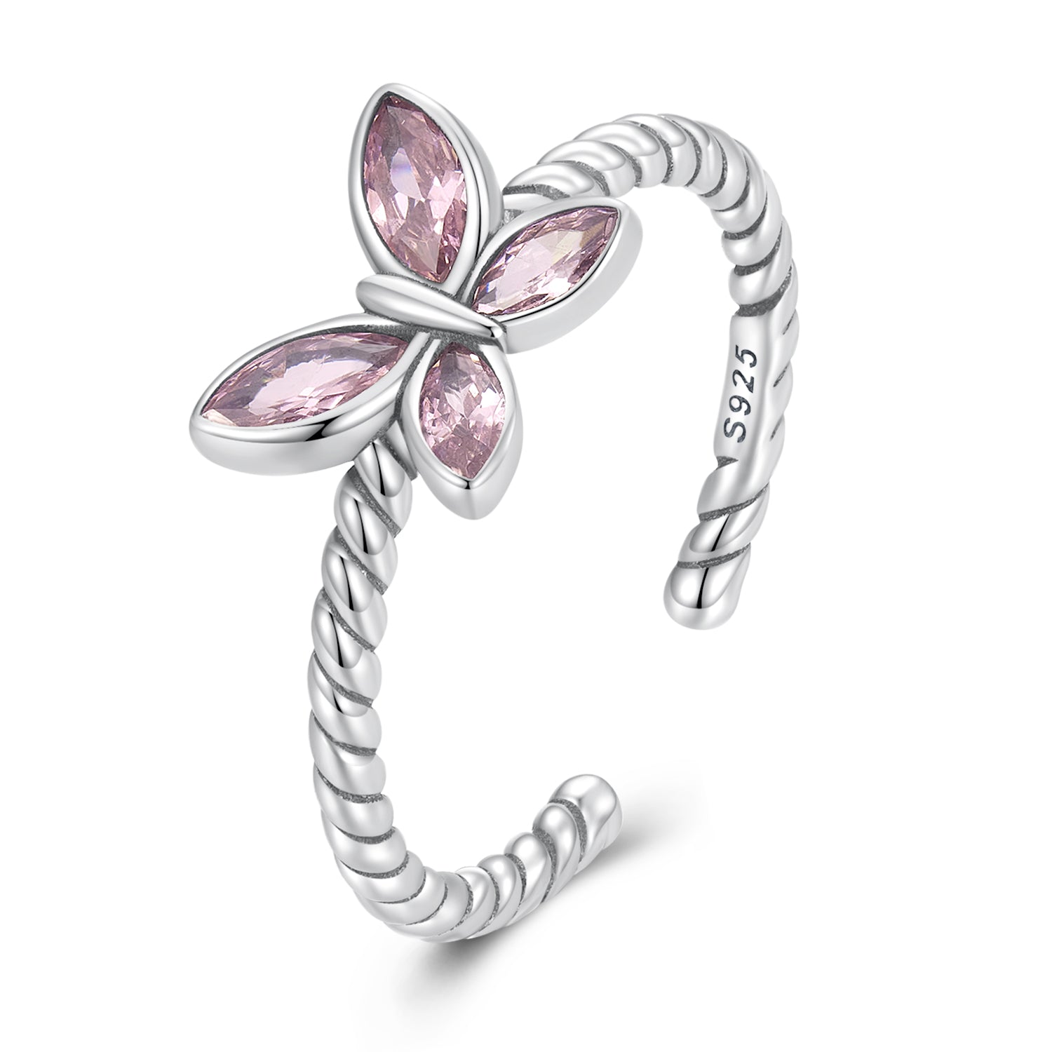 Silver Ring Pink Butterfly Twist CZ Open Ring For Sale - sursenso Open Rings