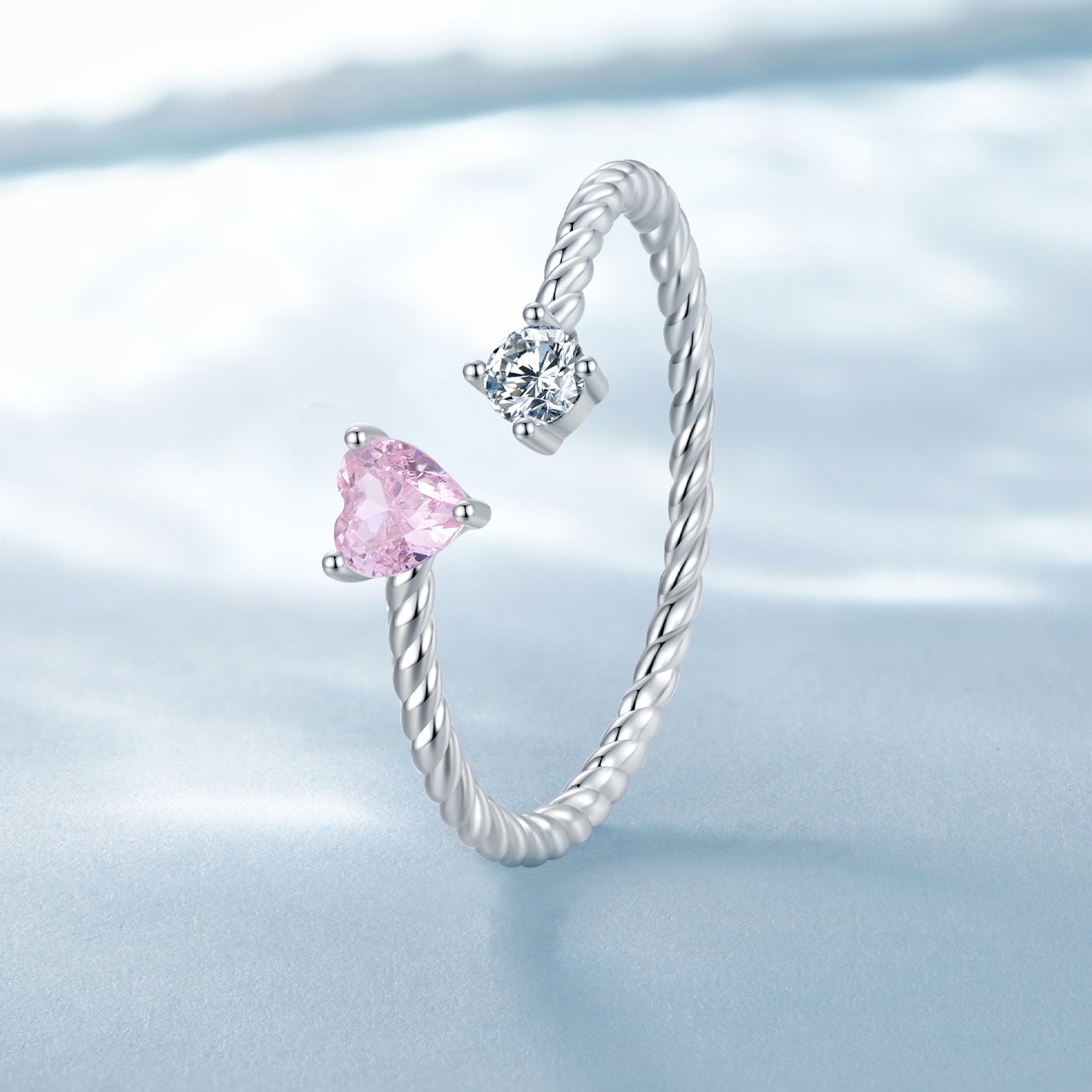 Silver Ring Pink Heart Twist CZ Open Ring For Sale - sursenso Open Rings