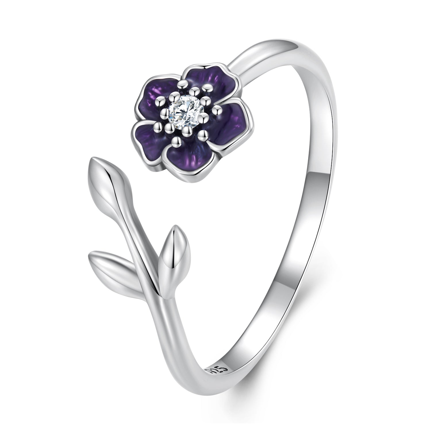 Silver Ring Purple Flower CZ Open Ring For Sale - sursenso Open Rings