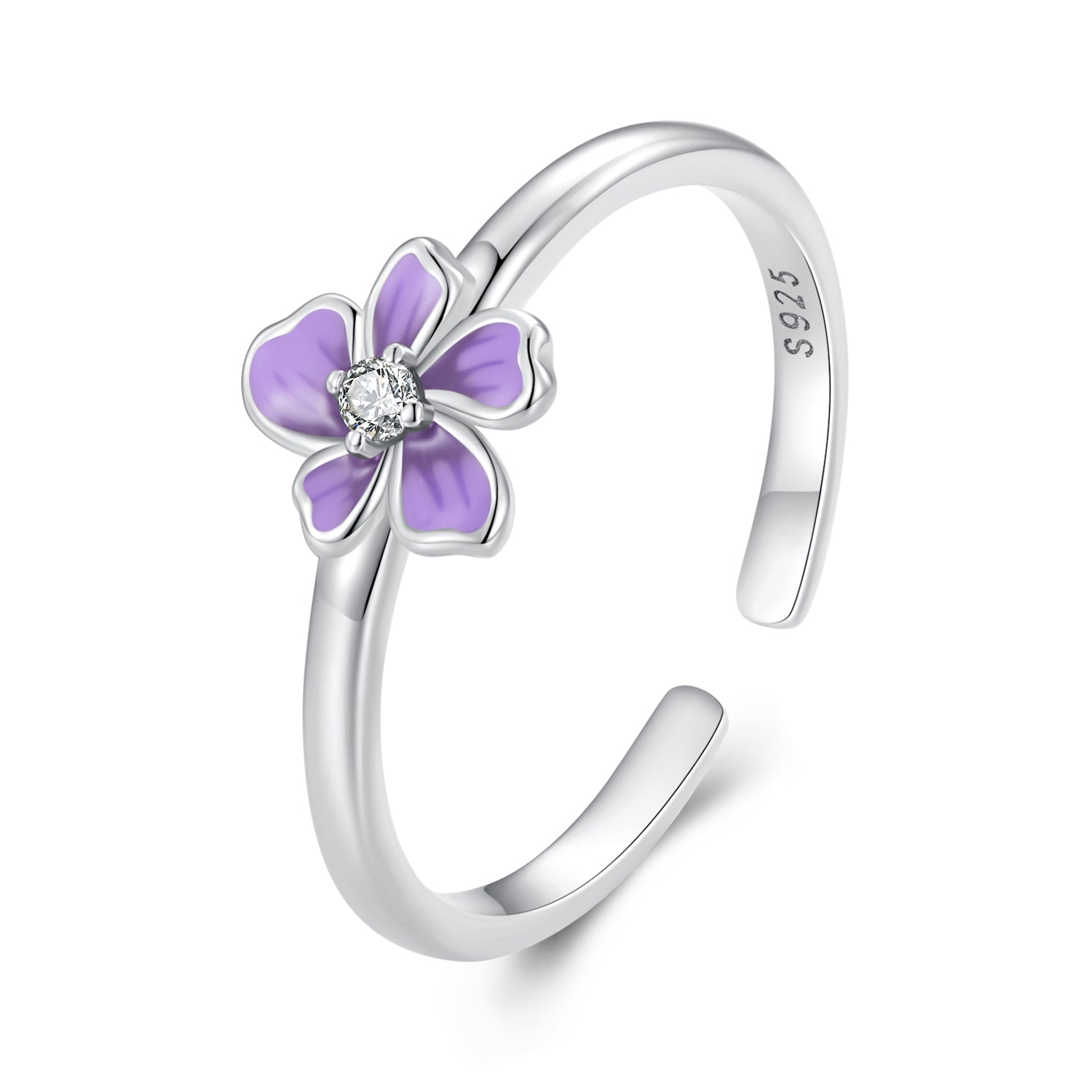 Silver Ring Purple Flower CZ Open Ring For Sale - sursenso Open Rings