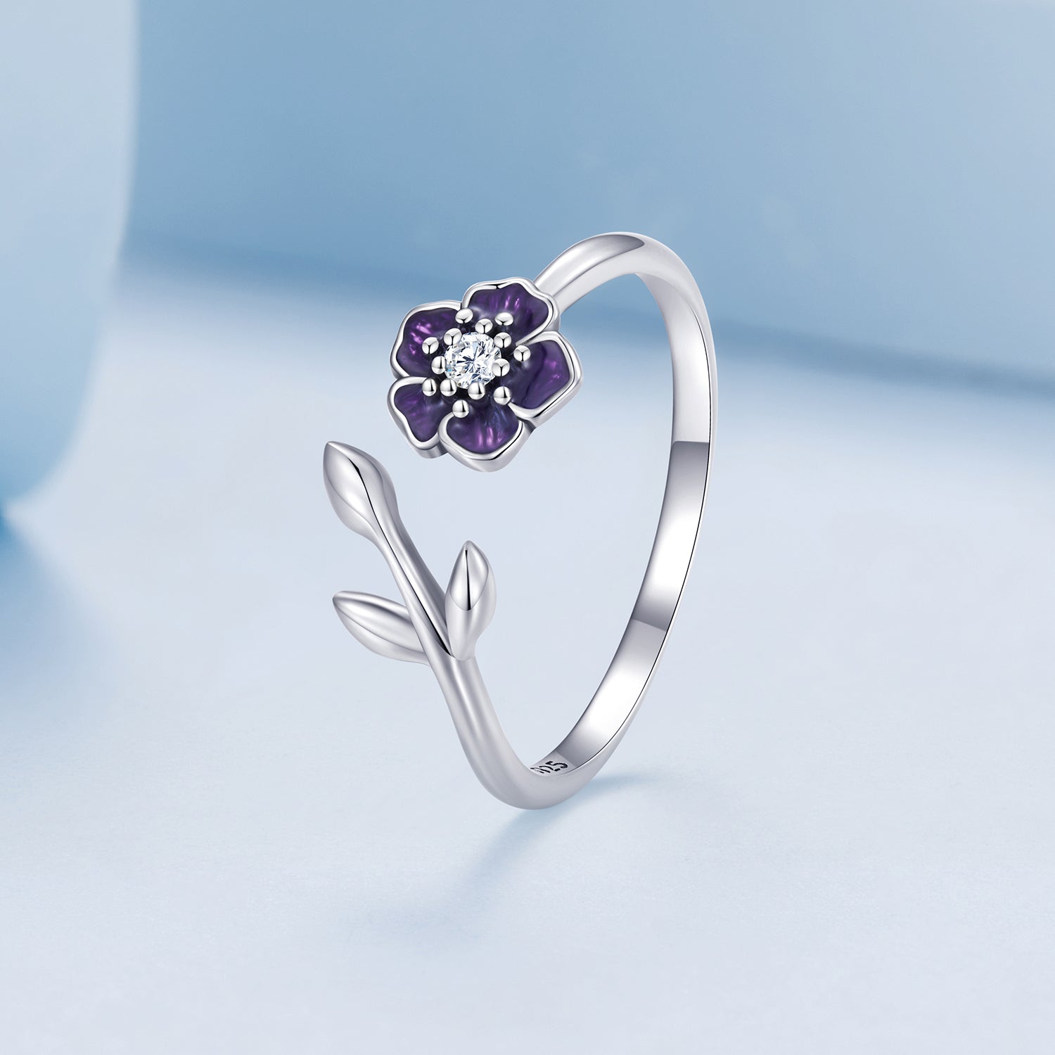 Silver Ring Purple Flower CZ Open Ring For Sale - sursenso Open Rings