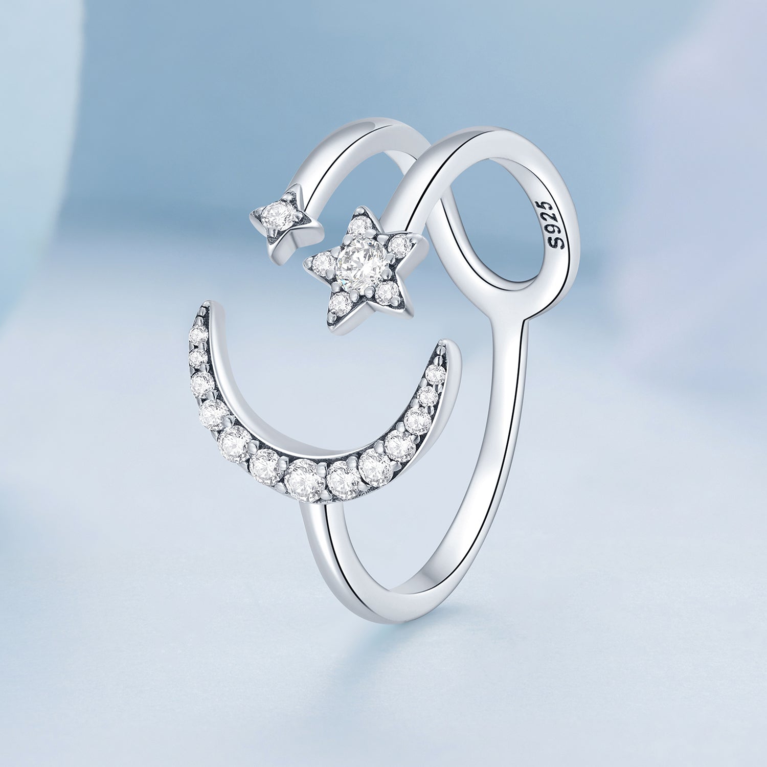 Silver Ring Shining Stars And Moons CZ Open Ring For Sale - sursenso Open Rings