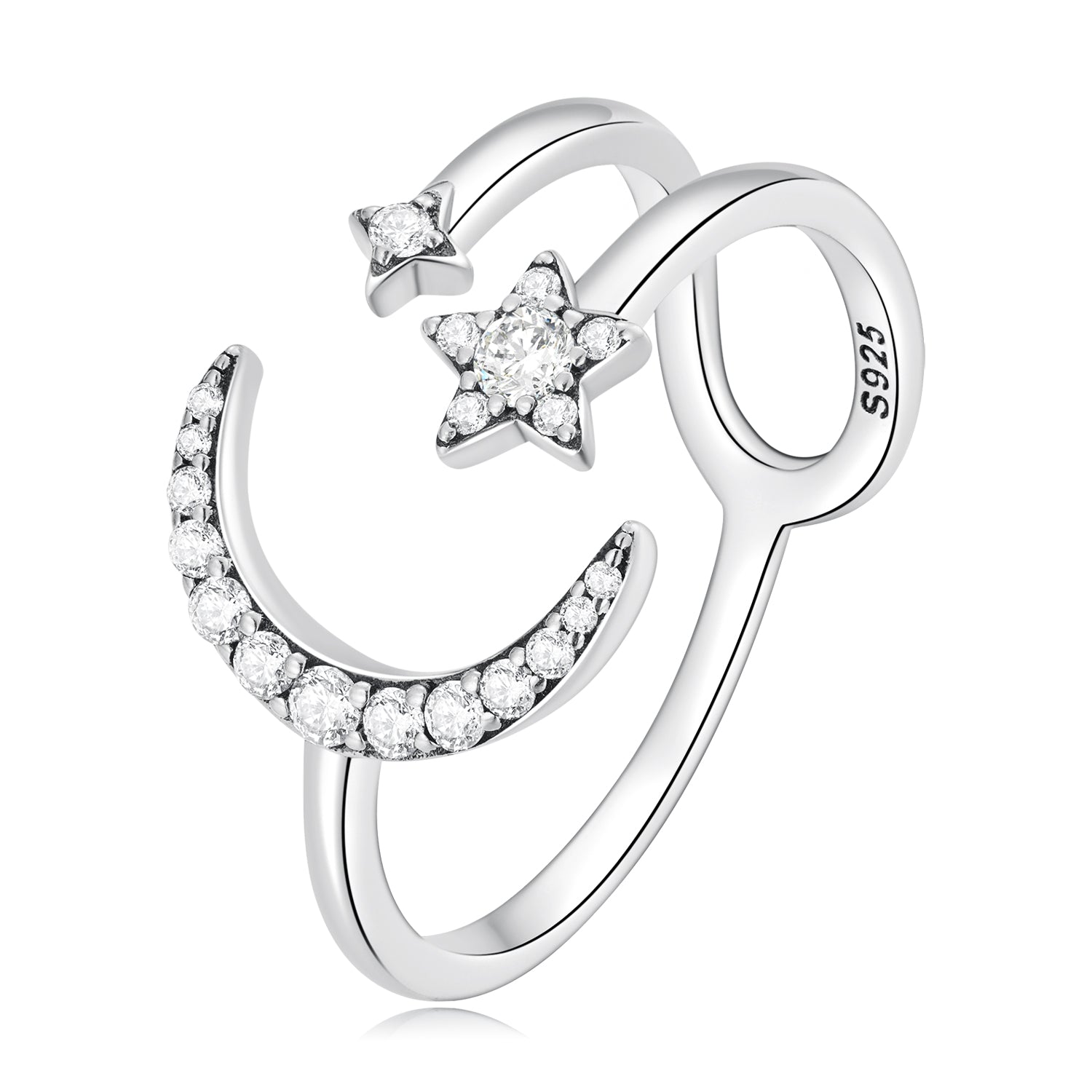 Silver Ring Shining Stars And Moons CZ Open Ring For Sale - sursenso Open Rings