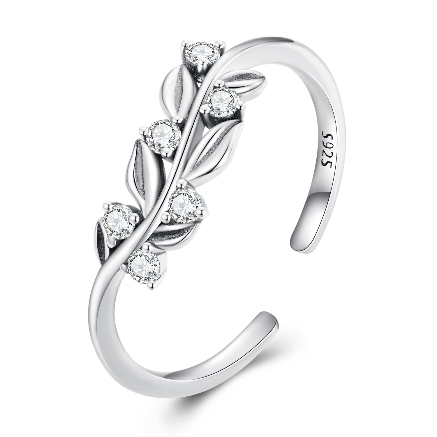 Silver Ring Simple Leaf CZ Open Ring For Sale - sursenso Open Rings
