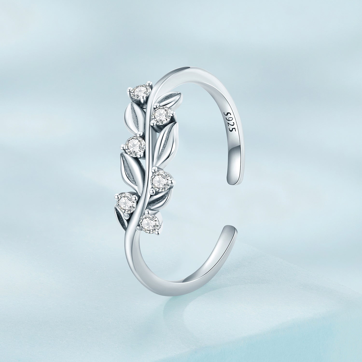 Silver Ring Simple Leaf CZ Open Ring For Sale - sursenso Open Rings