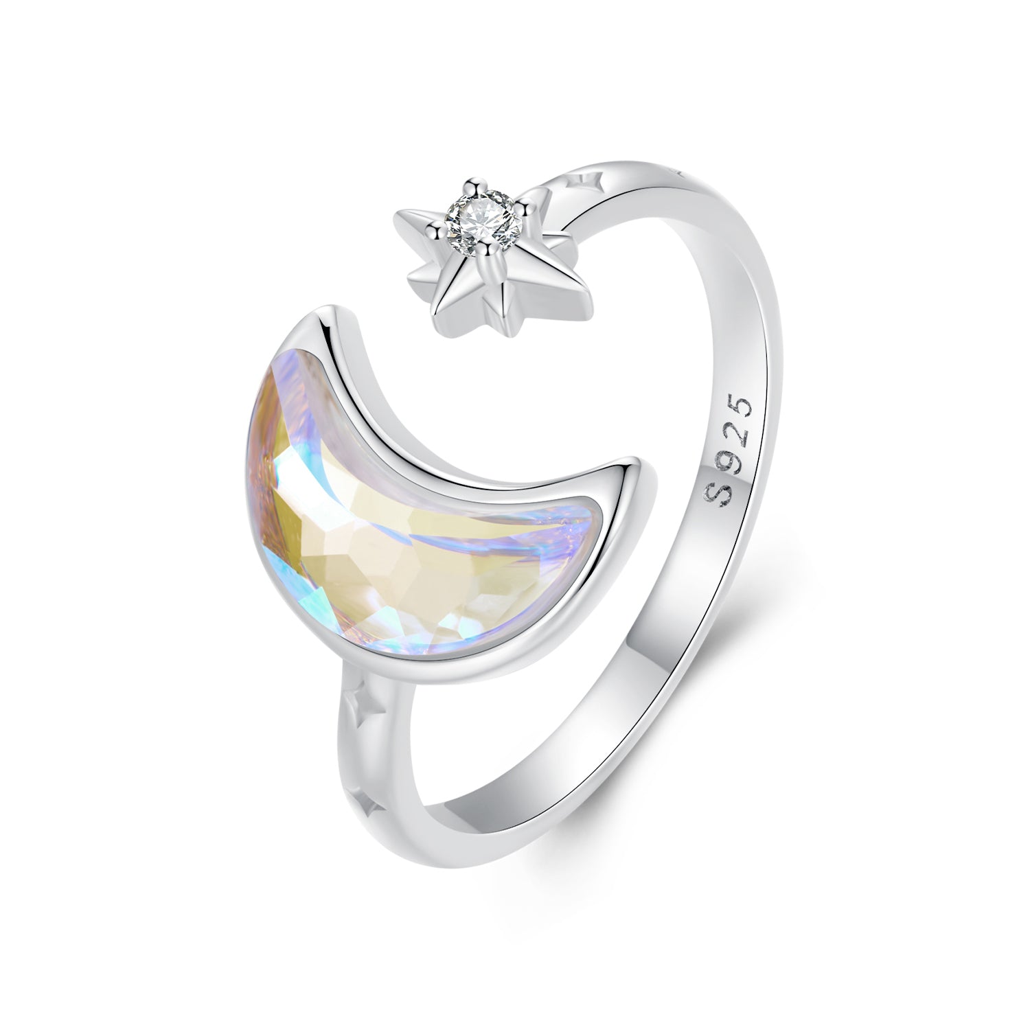 Silver Ring Splendid Moon Star CZ Open Ring For Sale - sursenso Open Rings