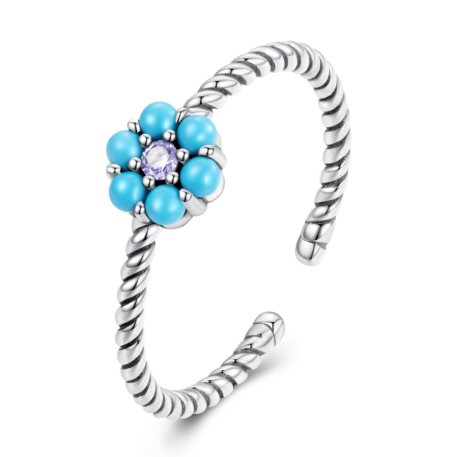 Silver Ring Turquoise Flower CZ Open Ring For Sale - sursenso Open Rings