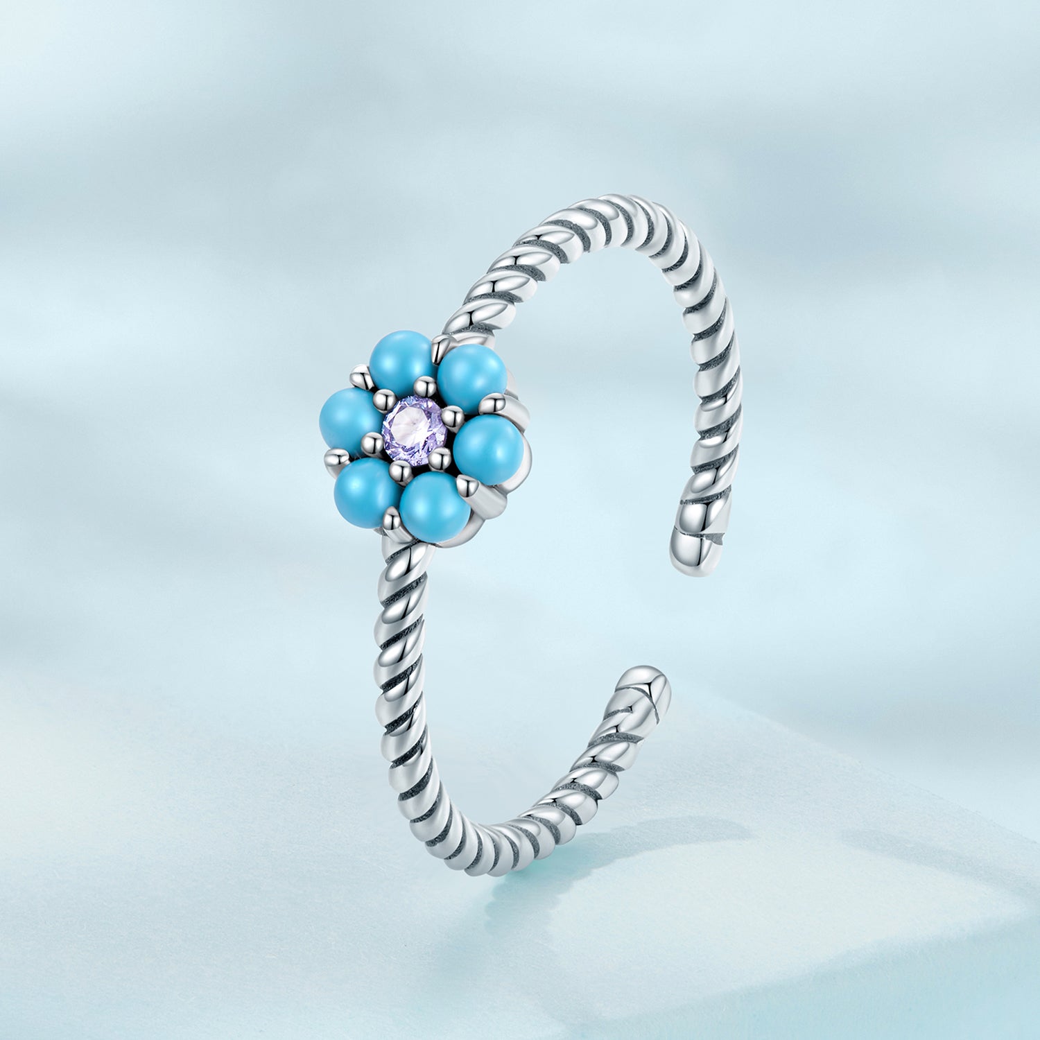 Silver Ring Turquoise Flower CZ Open Ring For Sale - sursenso Open Rings