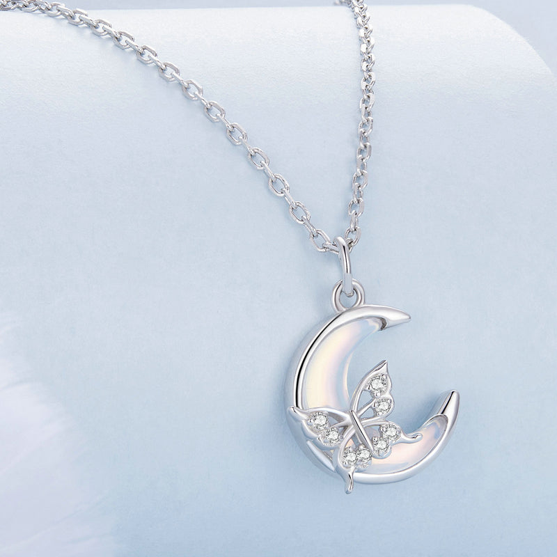 Silver Necklace Moon Butterfly CZ Pendant with Lobster Clasp For Sale - sursenso Necklaces